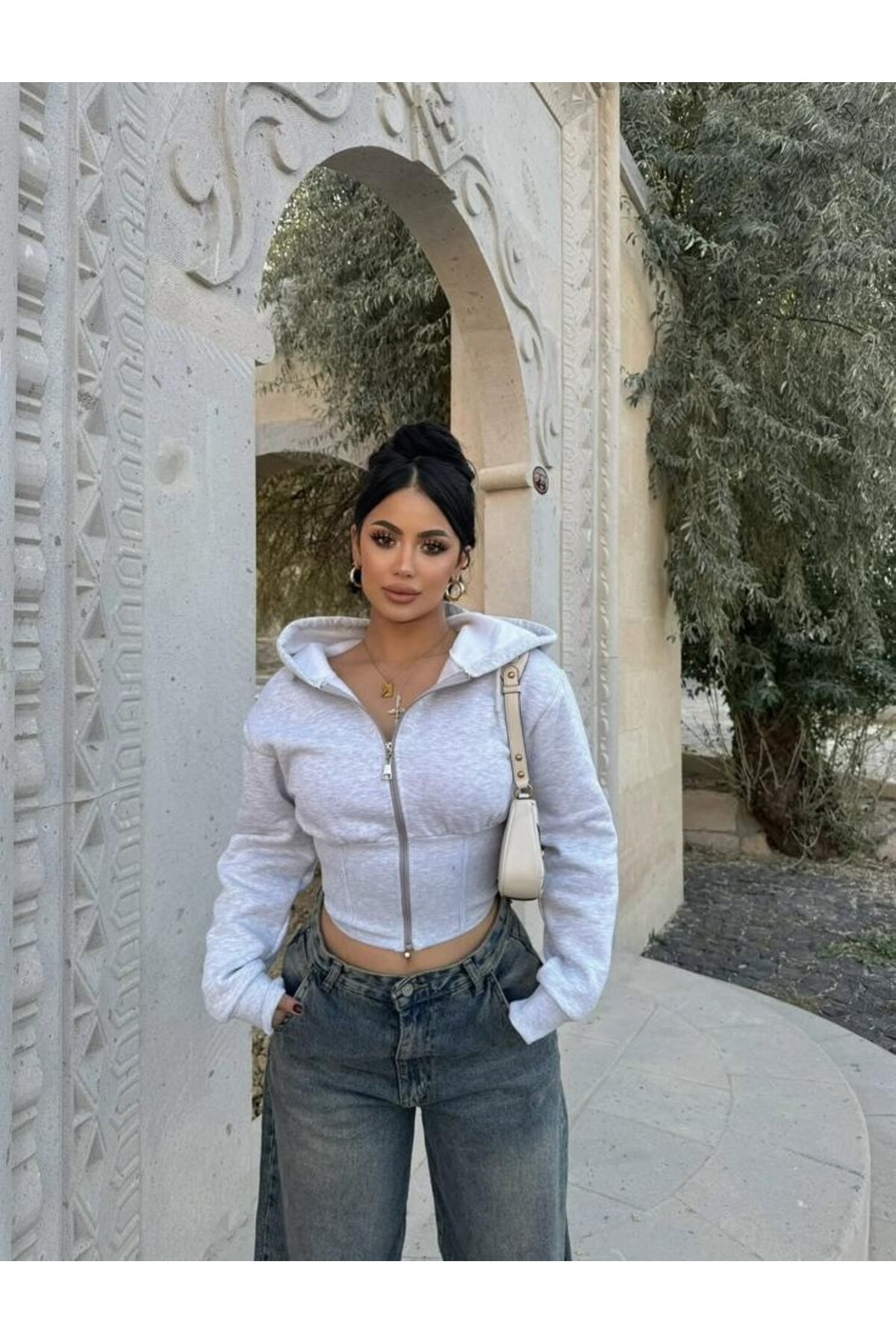 Genel Markalar  Gri Bel Korseli Kapşonlu Hırka - Görsel 2