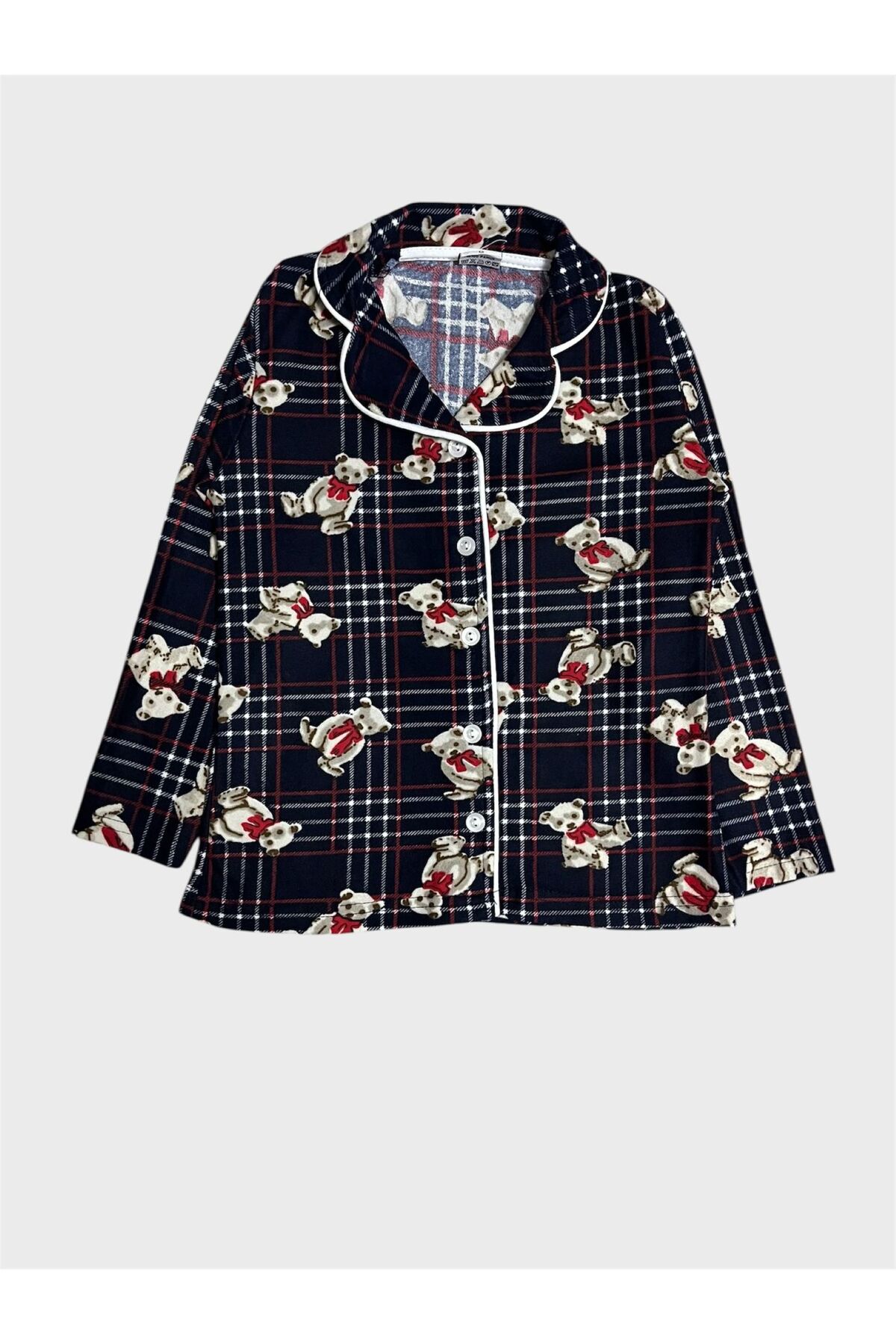 ALİŞ KİDS Anne-Kız Çocuk Pamuklu Süet Kumaş Lacivert Ayıcık Desenli Gömlek Yaka Düğmeli Pijama Takımı fotoğrafı 4 (önizleme)