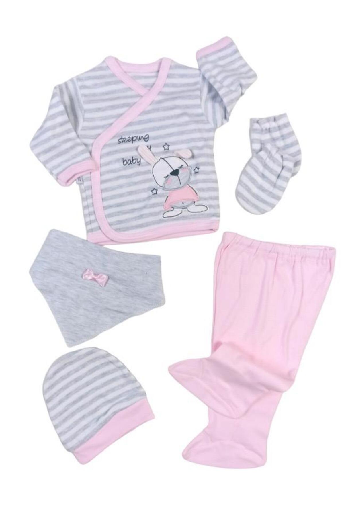 BYS BABY FASHION %100 Pamuklu Yenidoğan Kız Bebek Uyuyan Tavşan Desenli 5 Parça Hastane Çıkış Seti ( Kutulu ) fotoğrafı 5 (önizleme)