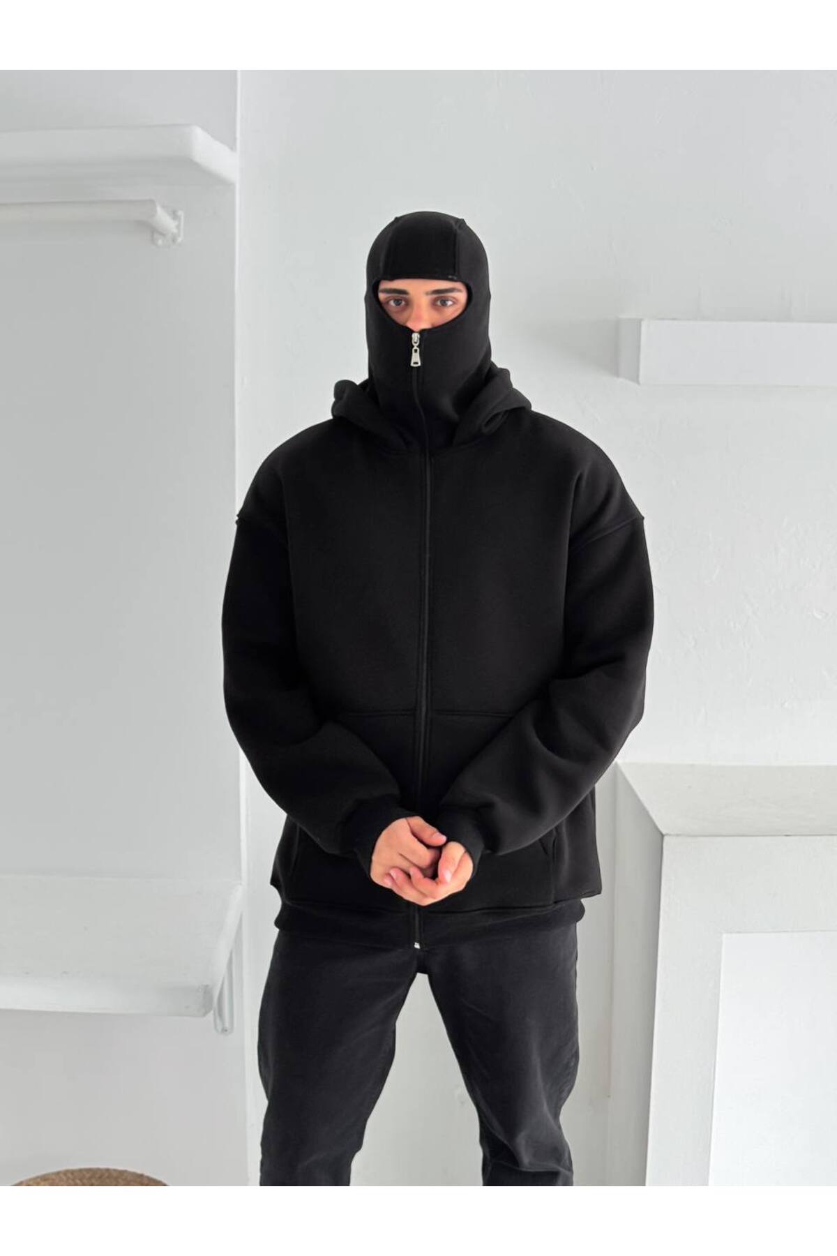 bergibo OVERSIZE KAPÜŞONLU NİNJA HIRKA - FERMUARLI PENYE ŞARDONLU