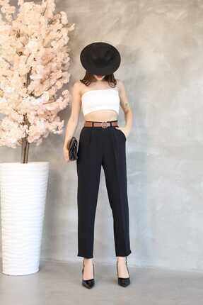 Alola Kadın Beli Lastikli Kemerli Mom Kalıp Havuç Kumaş Pantolon