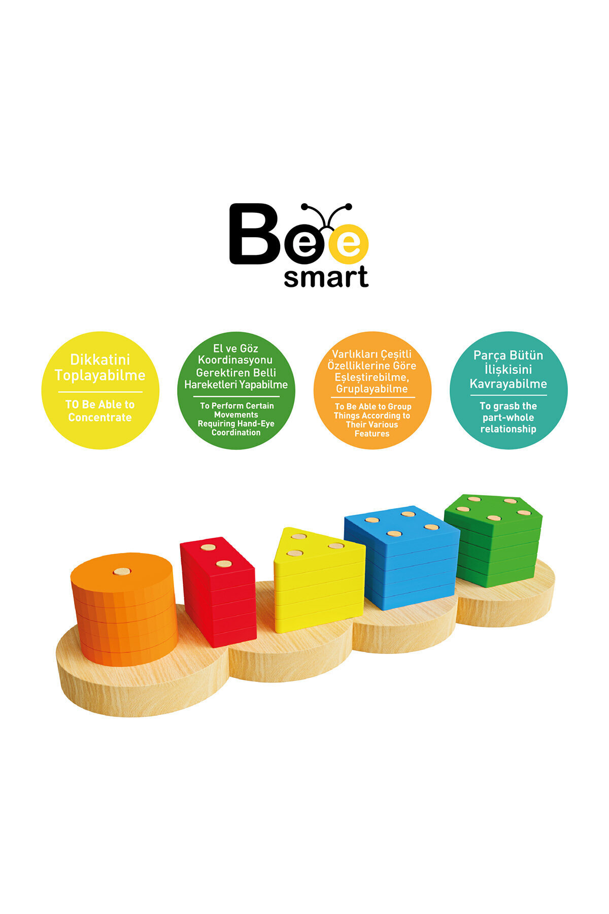 KUT FLY 3 ADET Bee Smart Ahşap Geometrik Bul-Tak Eğitici Oyuncak