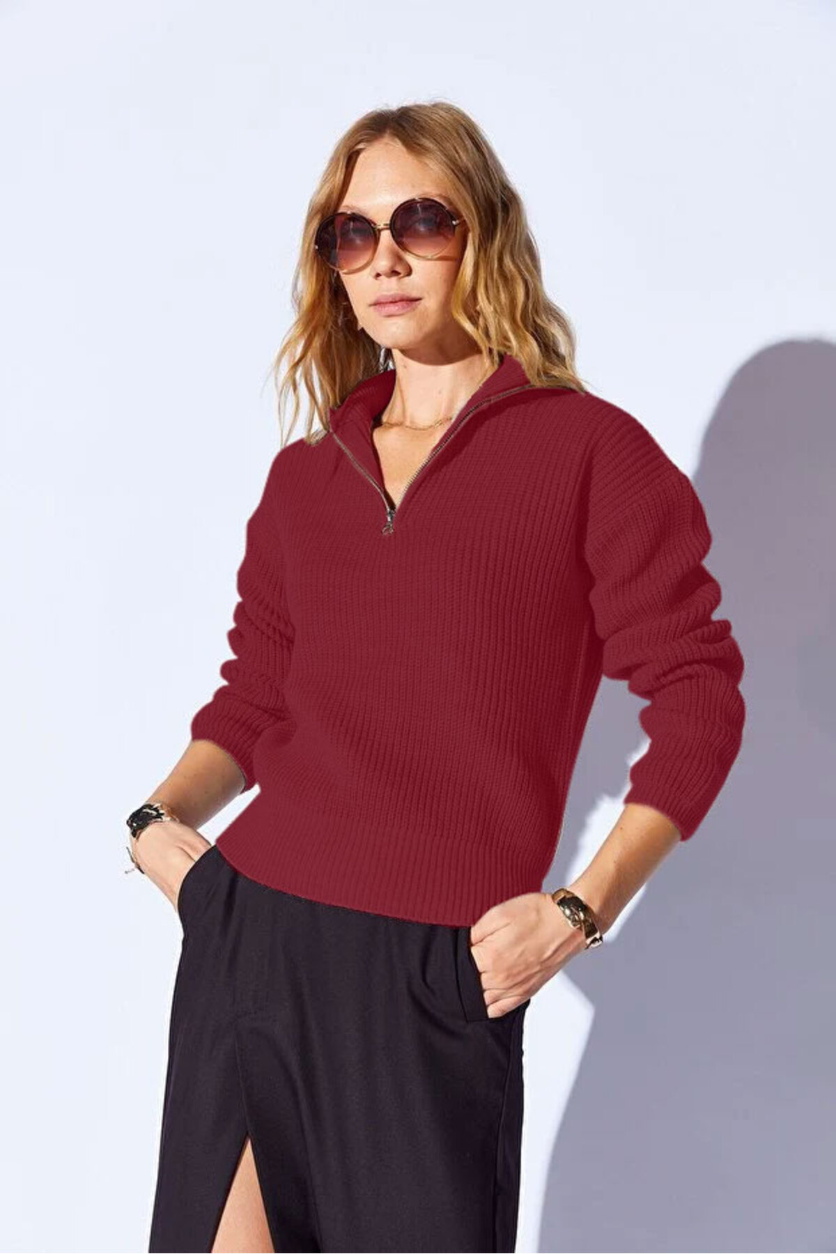 EDITION WOMAN  Bordo Pamuklu Soft Doku Fermuarlı Yarım Balıkçı Yaka Kadın Kazak | EK100539429 - Görsel 2