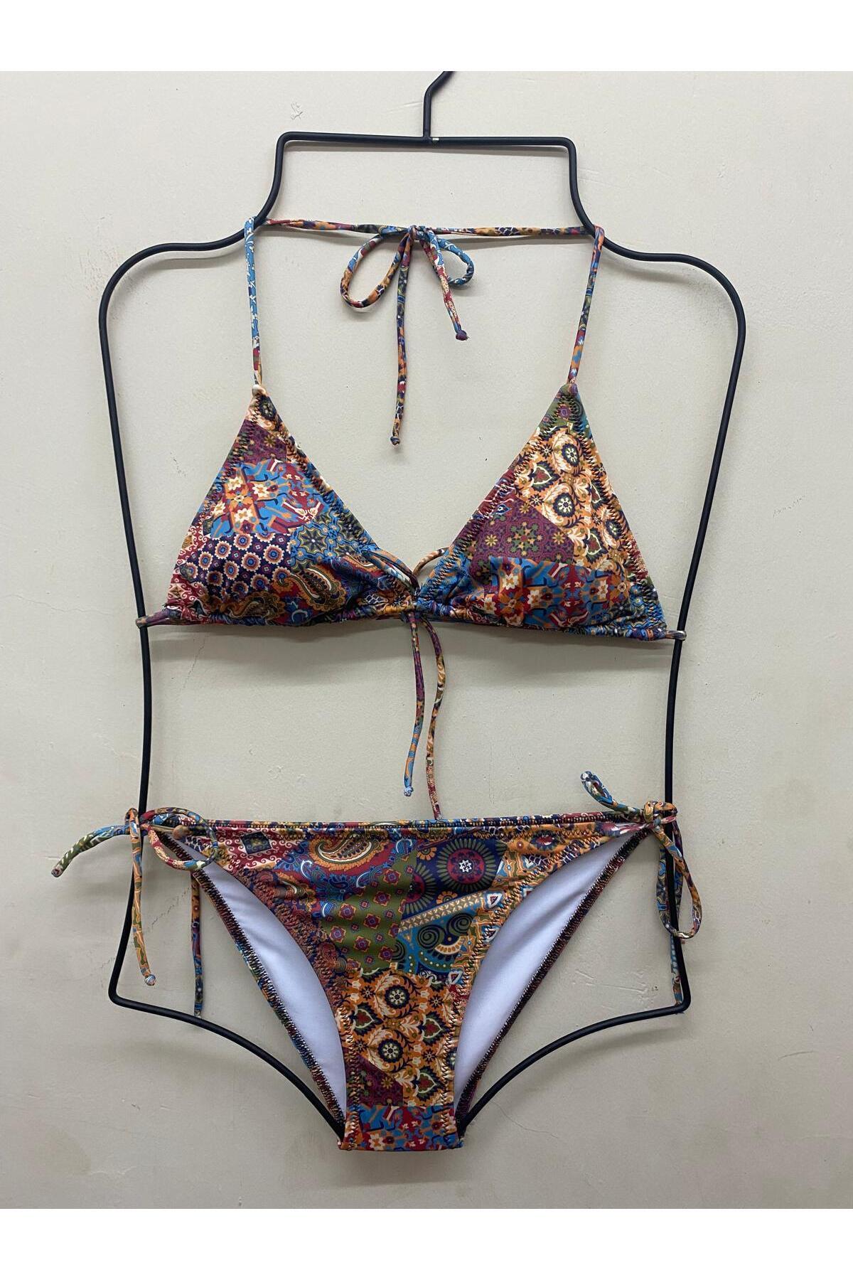 VAJESTO Kadın Üçgen Bikini Takım Likralı Esnek Yandan Boyundan Bağlamalı Şık İpli