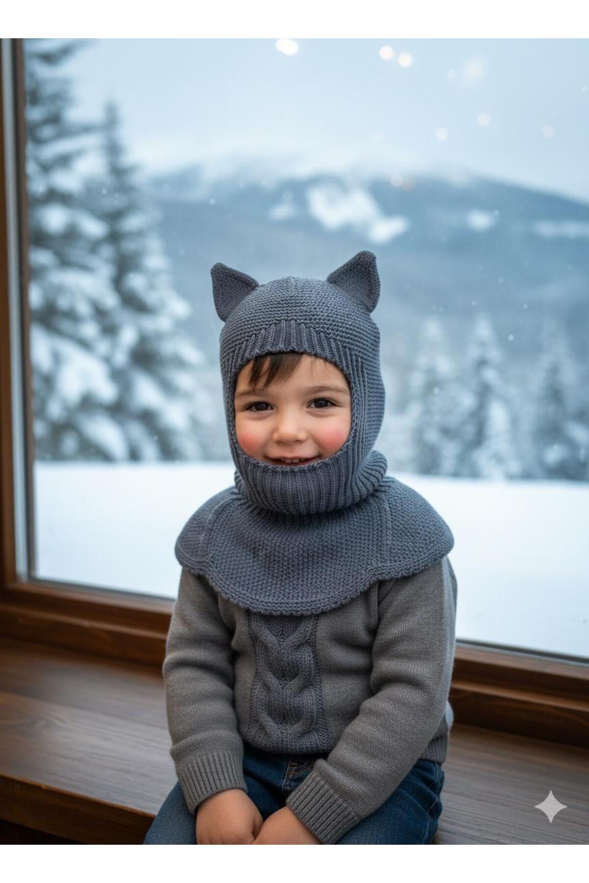 meriç bebe - bütün çocuklar melektir. mrc Kedi Kulaklı Kışlık Balaklava Triko Boyunluklu Bebek Çocuk Şapka Bere Kar Maskesi fotoğrafı 3 (önizleme)
