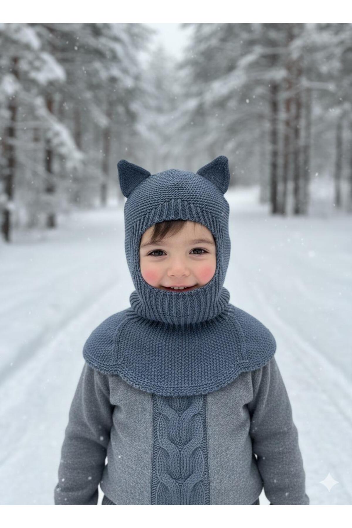 meriç bebe - bütün çocuklar melektir. mrc Kedi Kulaklı Kışlık Balaklava Triko Boyunluklu Bebek Çocuk Şapka Bere Kar Maskesi fotoğrafı 2 (önizleme)
