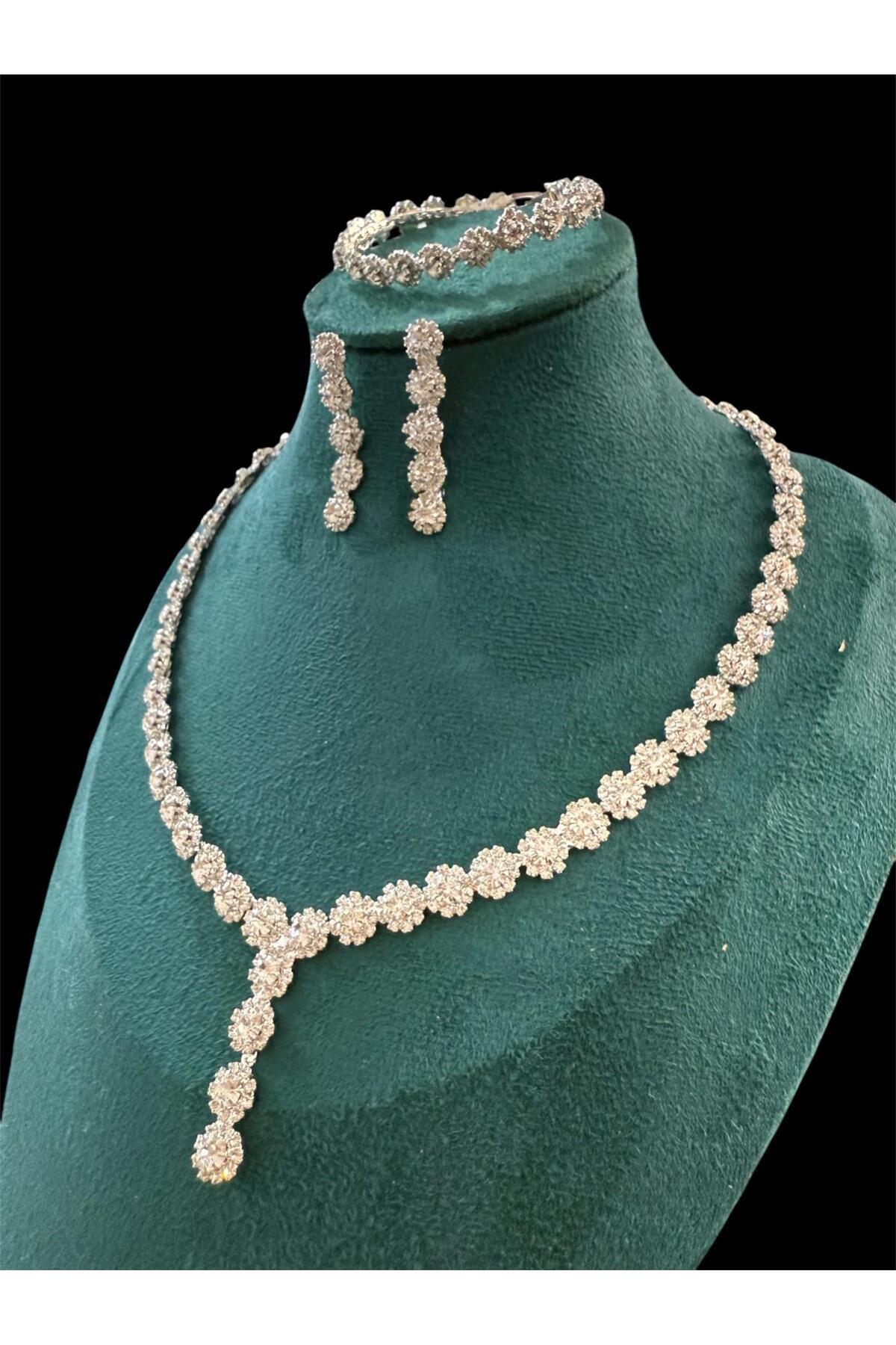 AlSultan Bijuteri Cam Taşlı Takı Seti Kolye Bileklik Küpe Hediye Set