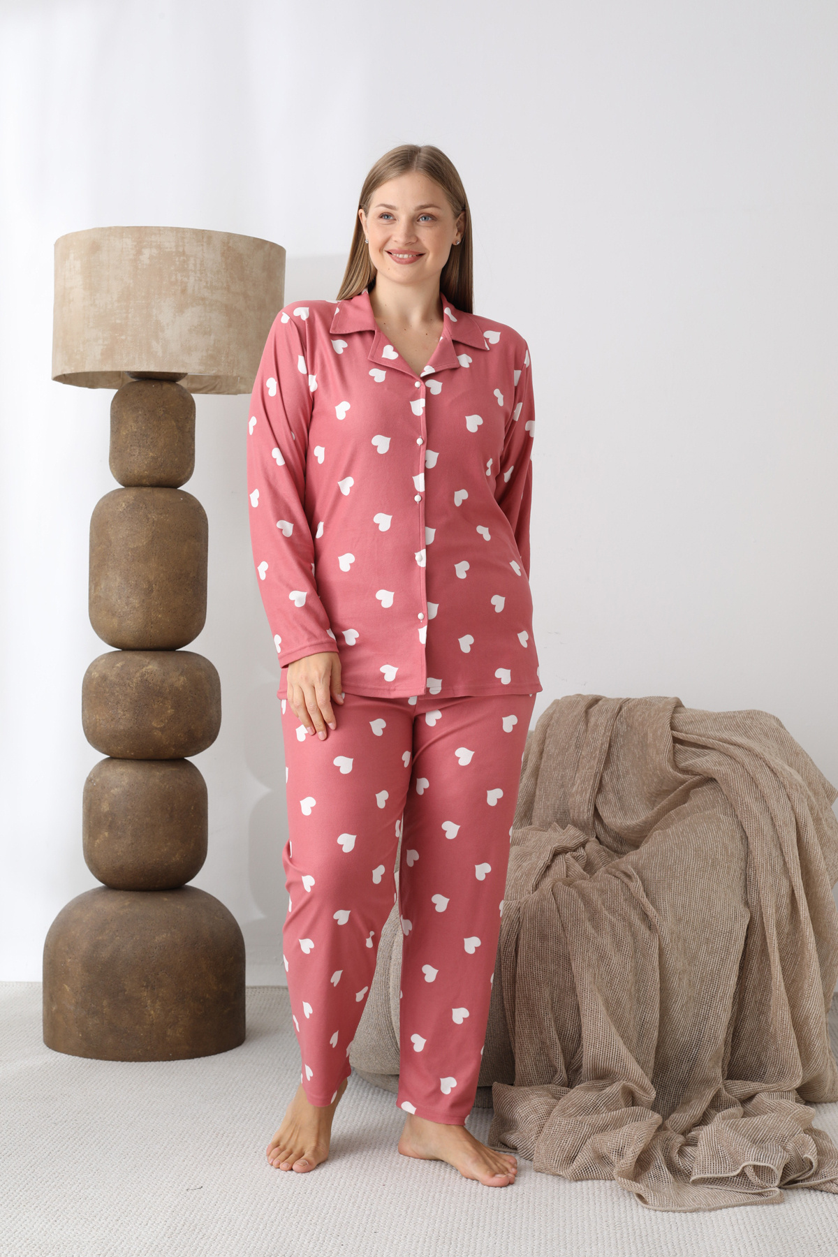 SEBOTEKS Boydan Düğmeli Süet Kumaş Büyük Beden Kadın Pijama Takımı 2170