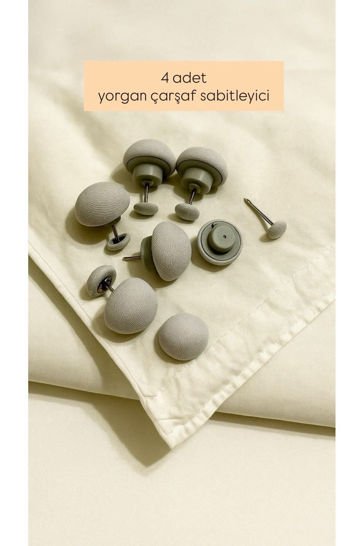 Sera Royal Pamuklu Kumaş Kaplama Yorgan ve Çarşaf Sabitleyici – 4’lü Set, Gri