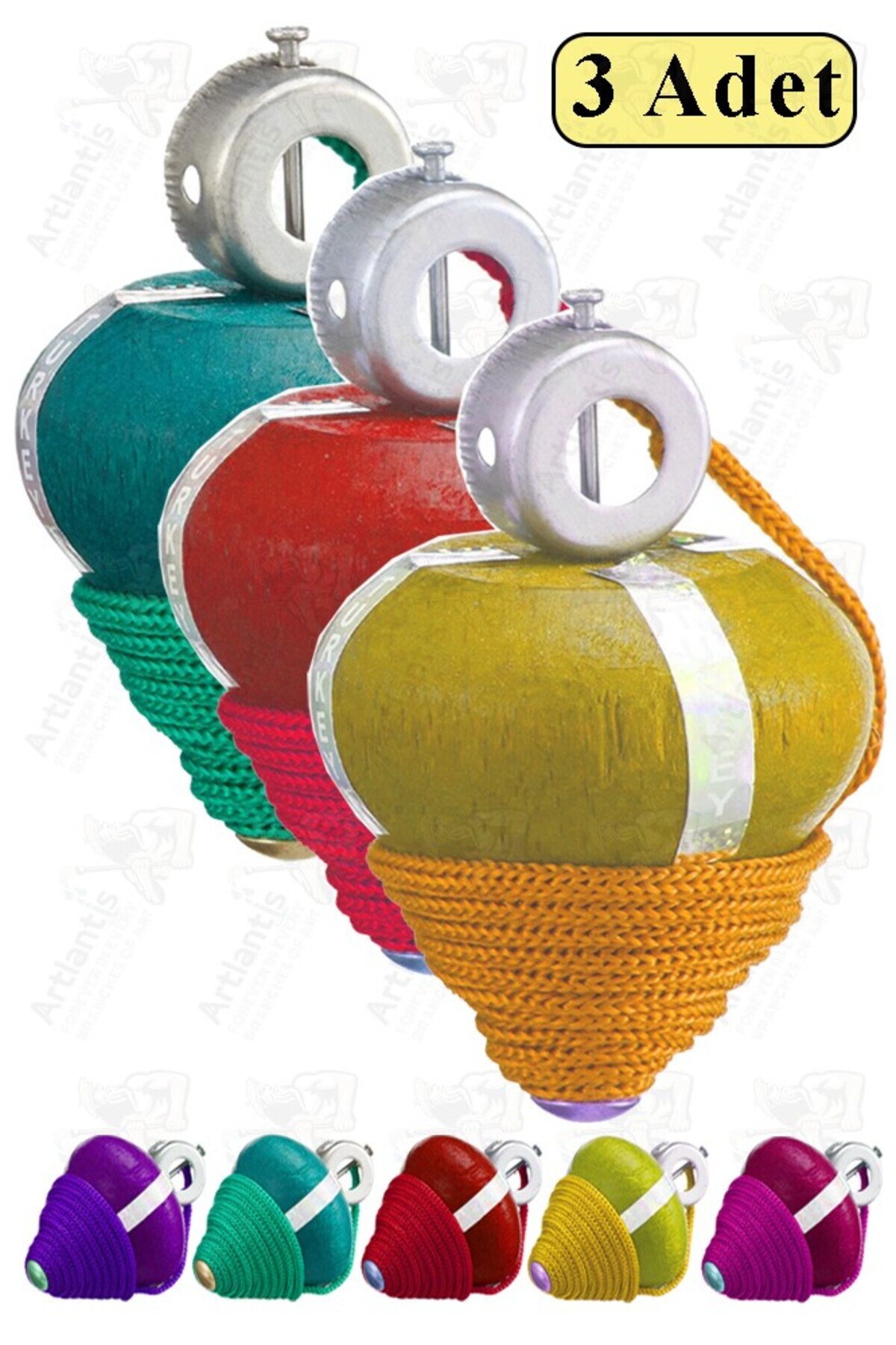 Artlantis Ahşap Topaç 3 Adet Renkli Kaliteli Ahşap Topaç İpli Dönene Zilli Ağaç Topaç Nostaljik Oyuncak Gelene