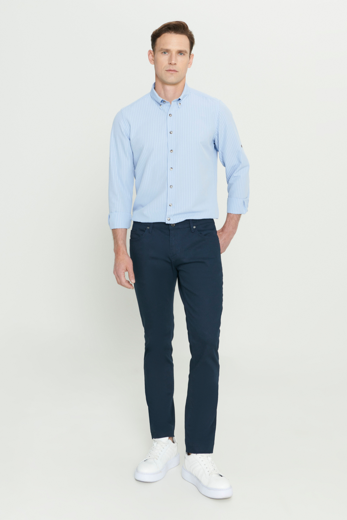 AC&Co / Altınyıldız Classics Erkek Lacivert Diz İzi Yapmayan 360 Derece Her Yöne Esneyen Slim Fit Diagonal Desenli Esnek Pantolon görsel 7