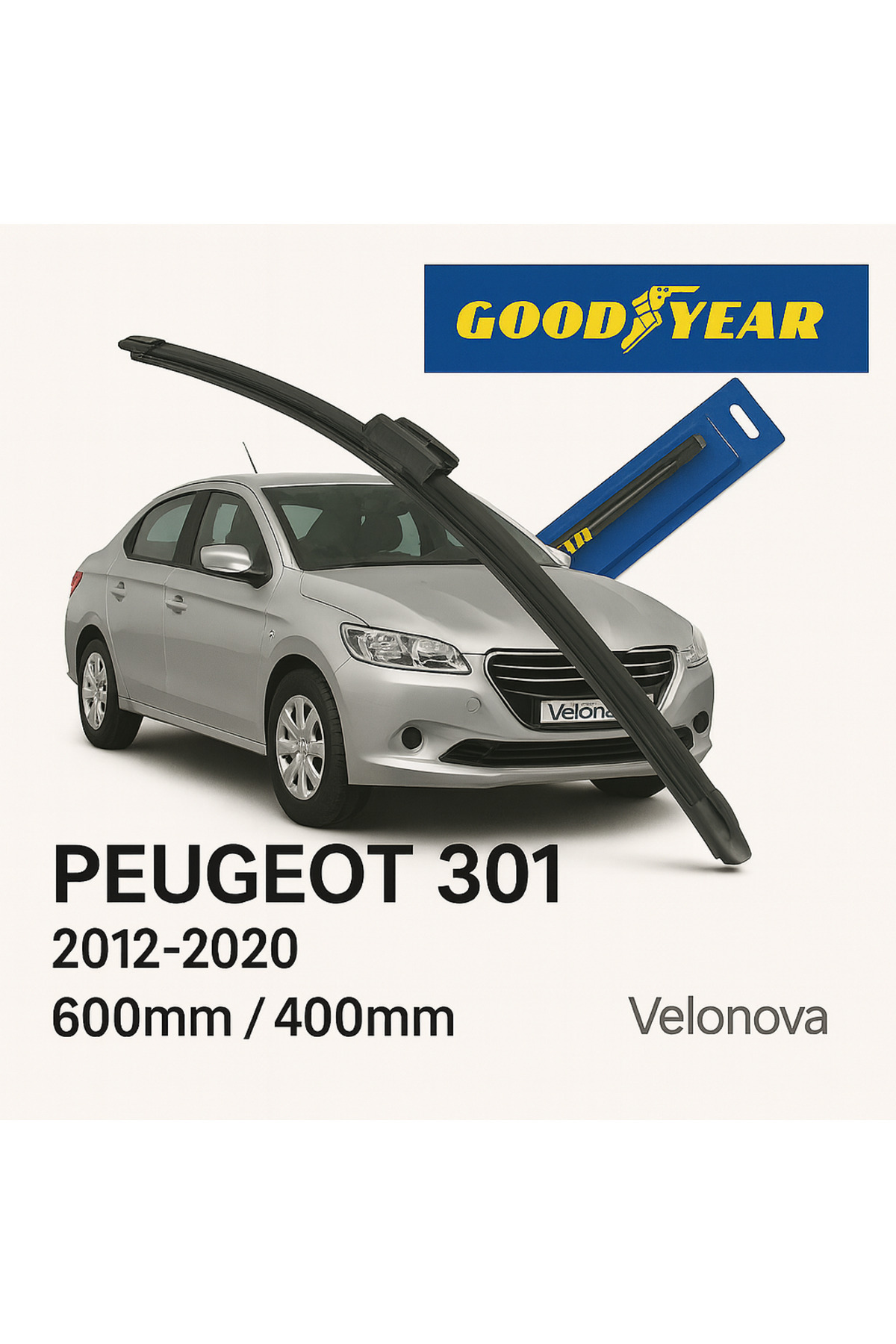 Velonova GOOD YEAR 2’li Set Muz Tipi Silecek Takımı Peugeot 301 2012-2020 Ön Cam Sileceği 600mm-400mm