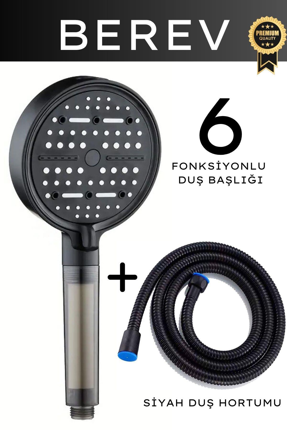 6 Function Filter Shower Head 150 Cm Black Shower Hose Water Saving Pressurized Lime Chlorine Prevention