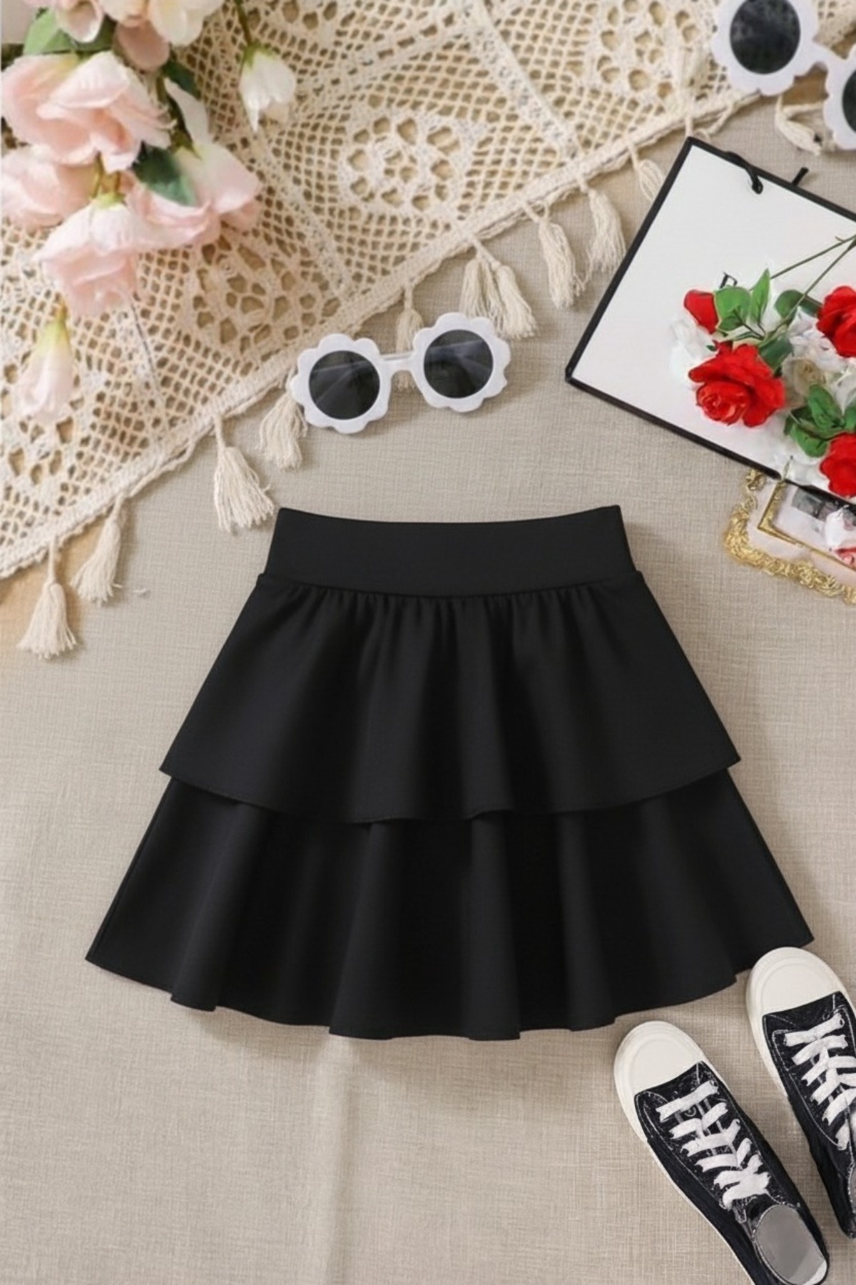 CARABO MODA  Kız çocuğu fırfırlı iki katlı yüksek bel mini kloş etek (beden tablosu fotoğrafta mevcuttur) - Görsel 2