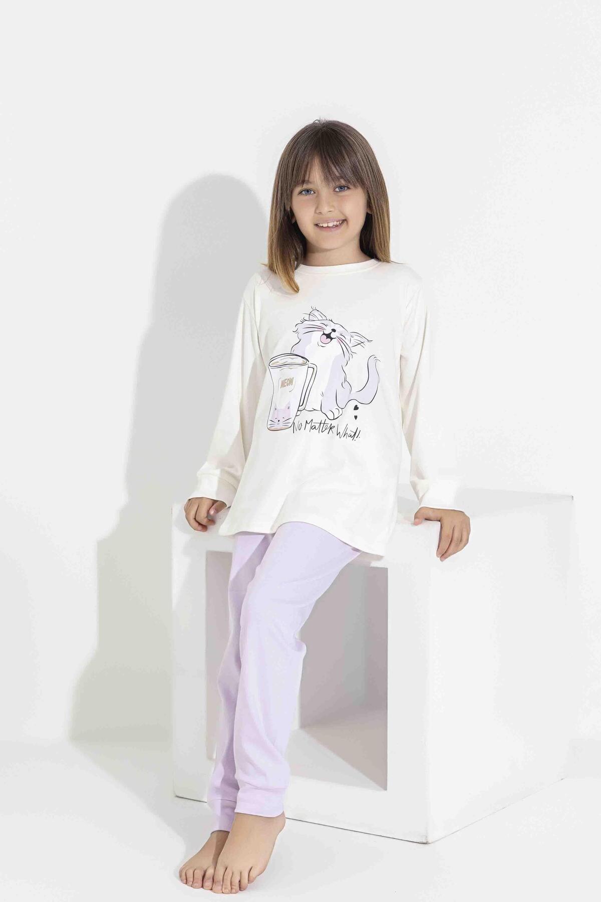 RAPAPA Kız Çocuk Uzun Kollu Pijama Takımı - Sevimli Kedi Desenli 8411E fotoğrafı 5 (önizleme)