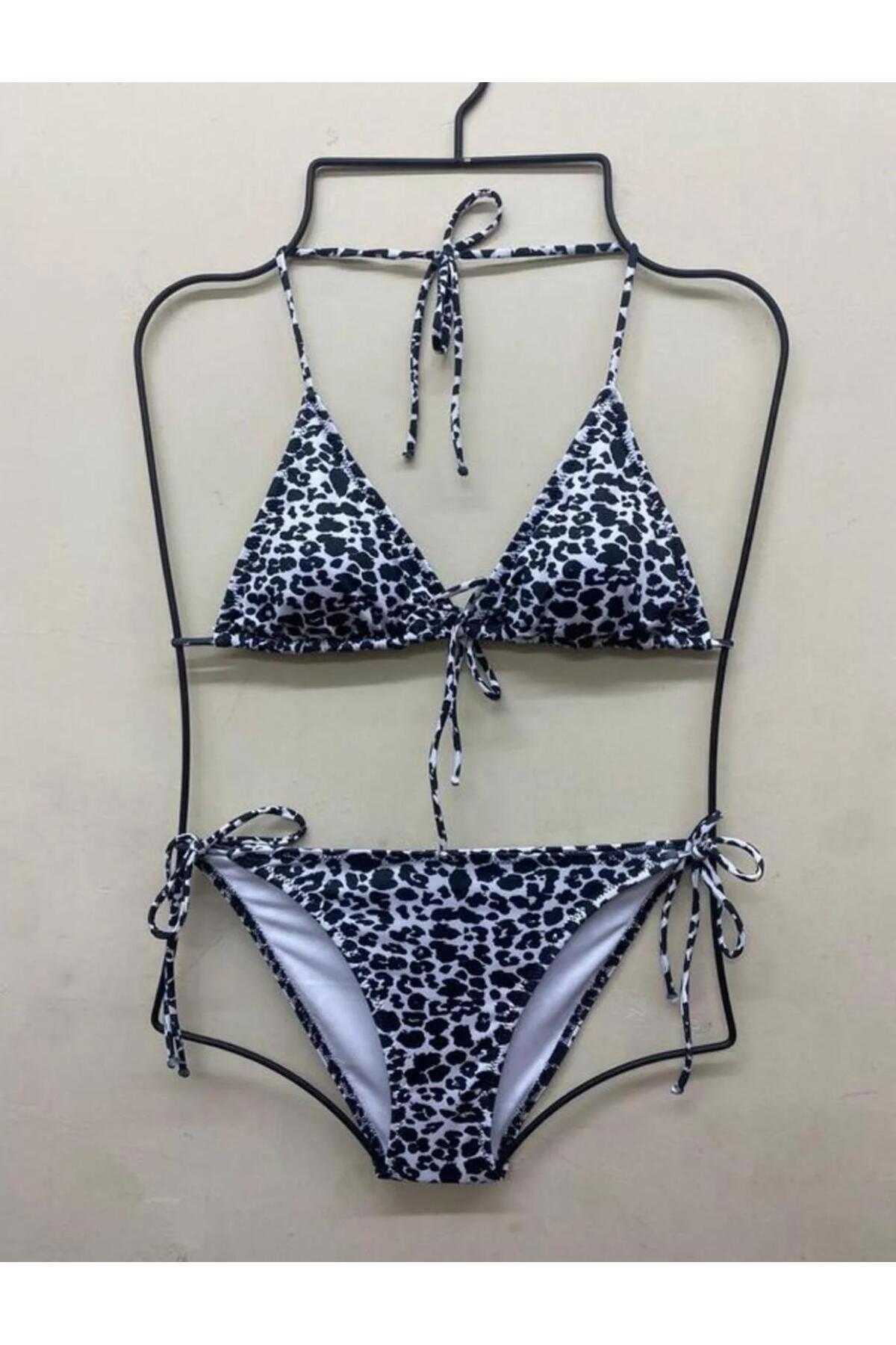 VAJESTO Kadın Leopar Likralı Yandan Boyundan Bağlamalı Şık İpli Üçgen Bikini Takım