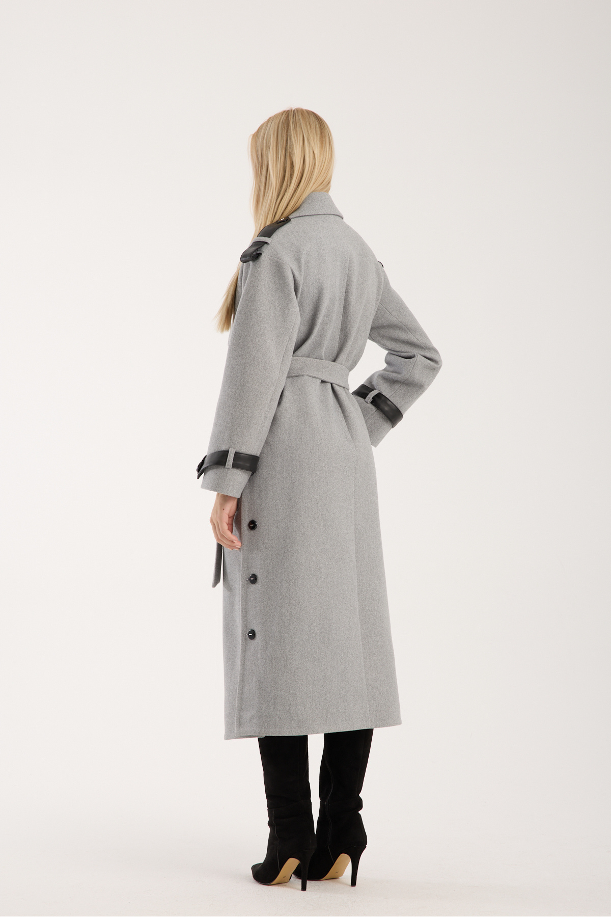 ŞEYDA ERTEM  GRİ RENK DERİ DETAYLI YÜNLÜ KAŞE UZUN MANTO - Görsel 9