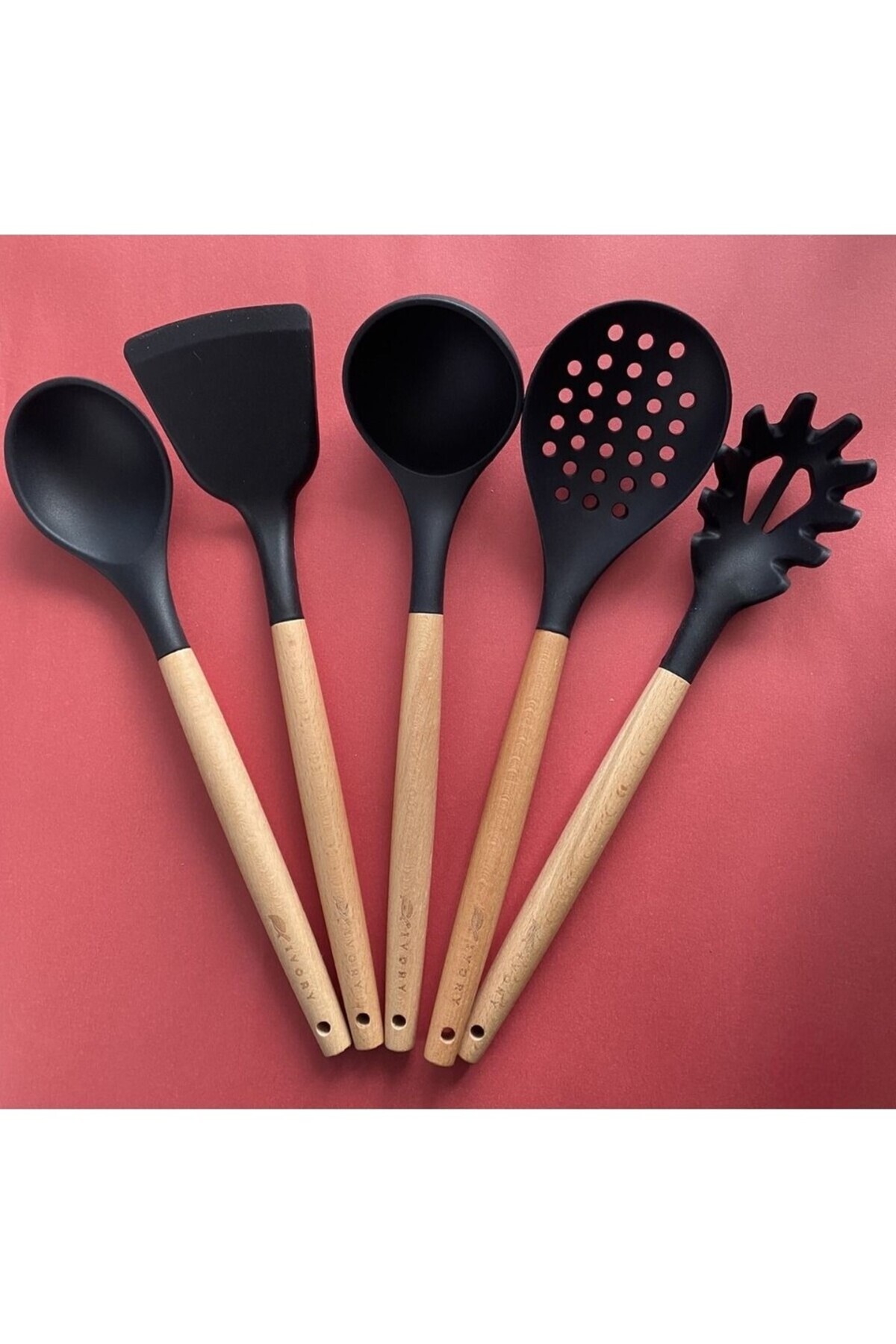 WareHause0 Bambu Saplı Silikon Servis Seti 5'li, Kepçe, Kaşık, Kevgir, Makarna, Spatula, Siyah