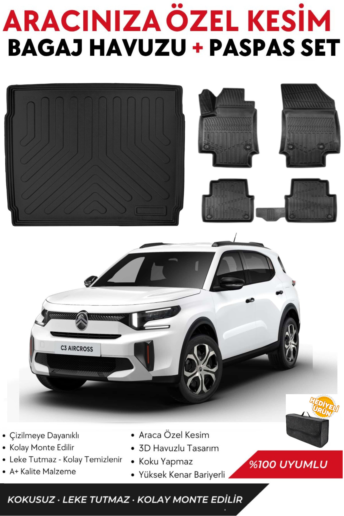 ko kaliteoto Citroen C3 Aircross 2024-2025 Model Hybrid Alt Bagaj Havuzu+Paspas Full Takım+Hediyeli