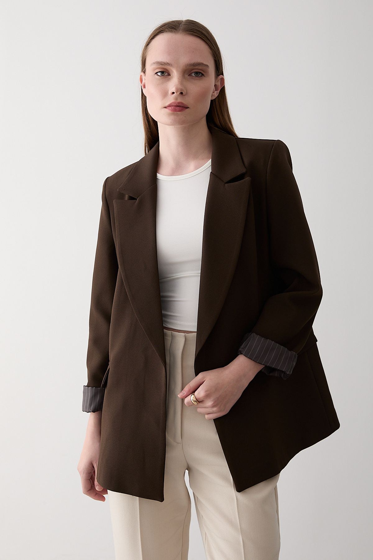 Laluvia Brown Striped Lined Folded Sleeve Blazer Jacket - 7560