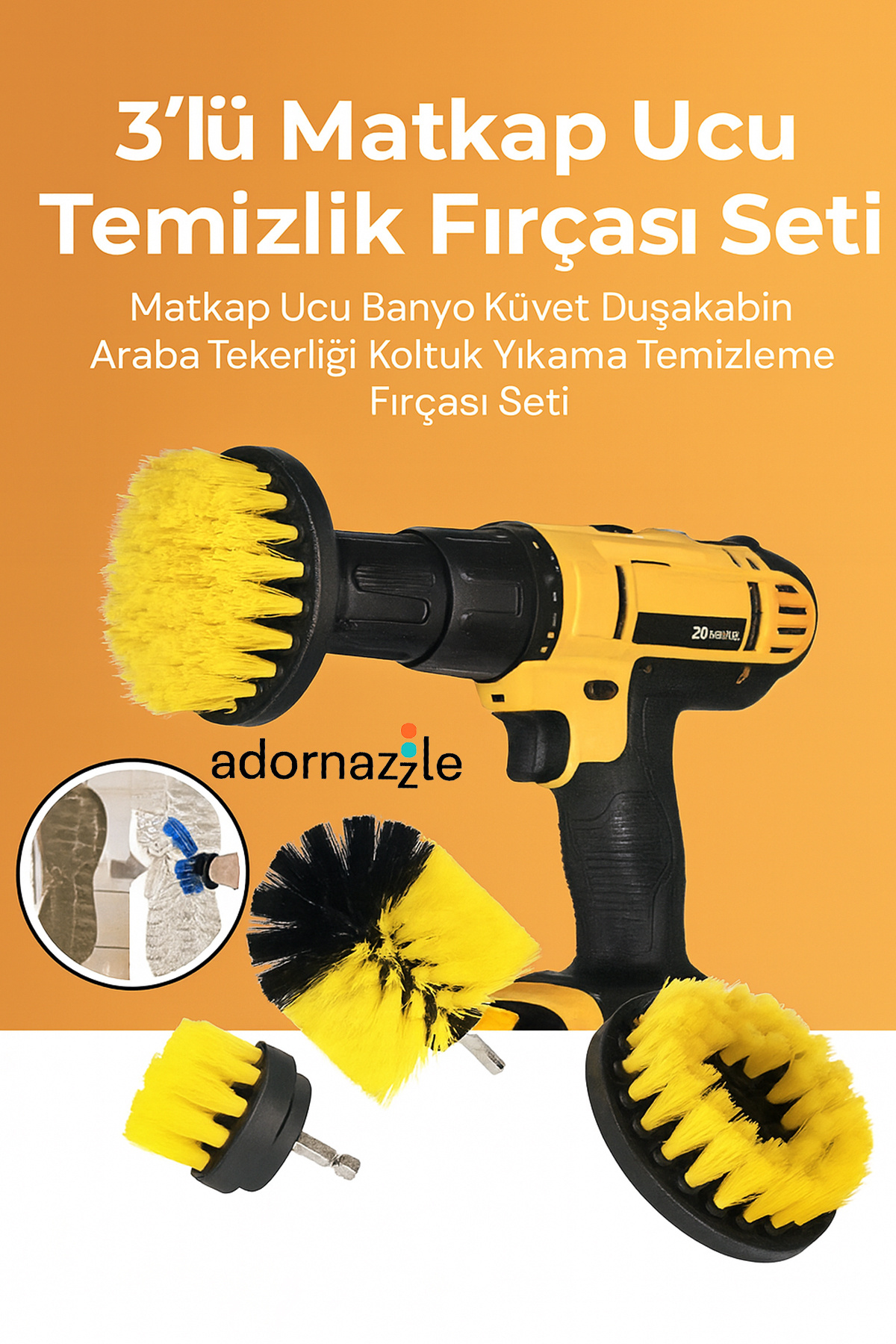 adornazzle Profesyonel Matkap Ucu Temizlik Fırçası, Banyo, Jant, Koltuk ve Araba Temizleme Fırçası