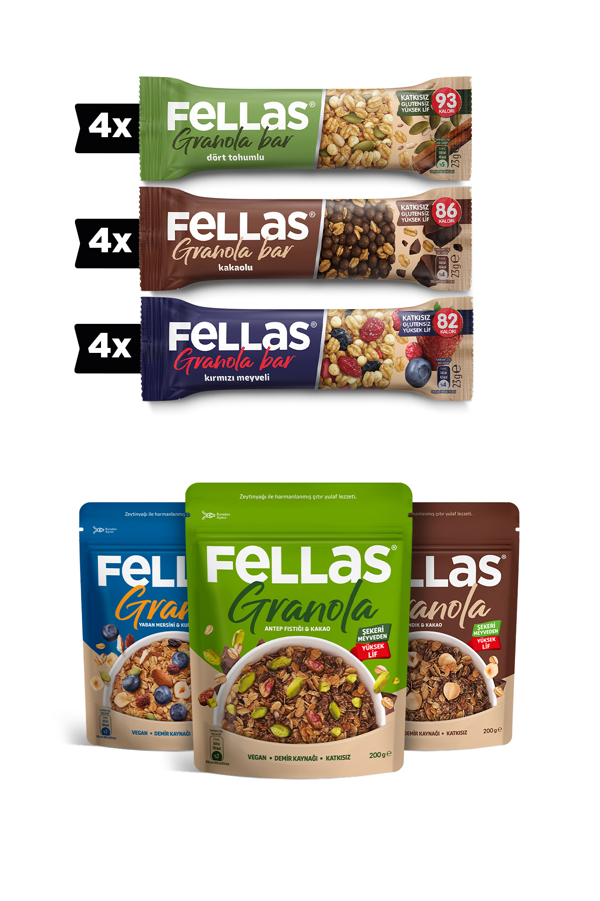 Fellas Granola 3'lü Mix Paket + Granola Bar Protein Kaynağı 23 g Karma Kutu 3 x 4 adet