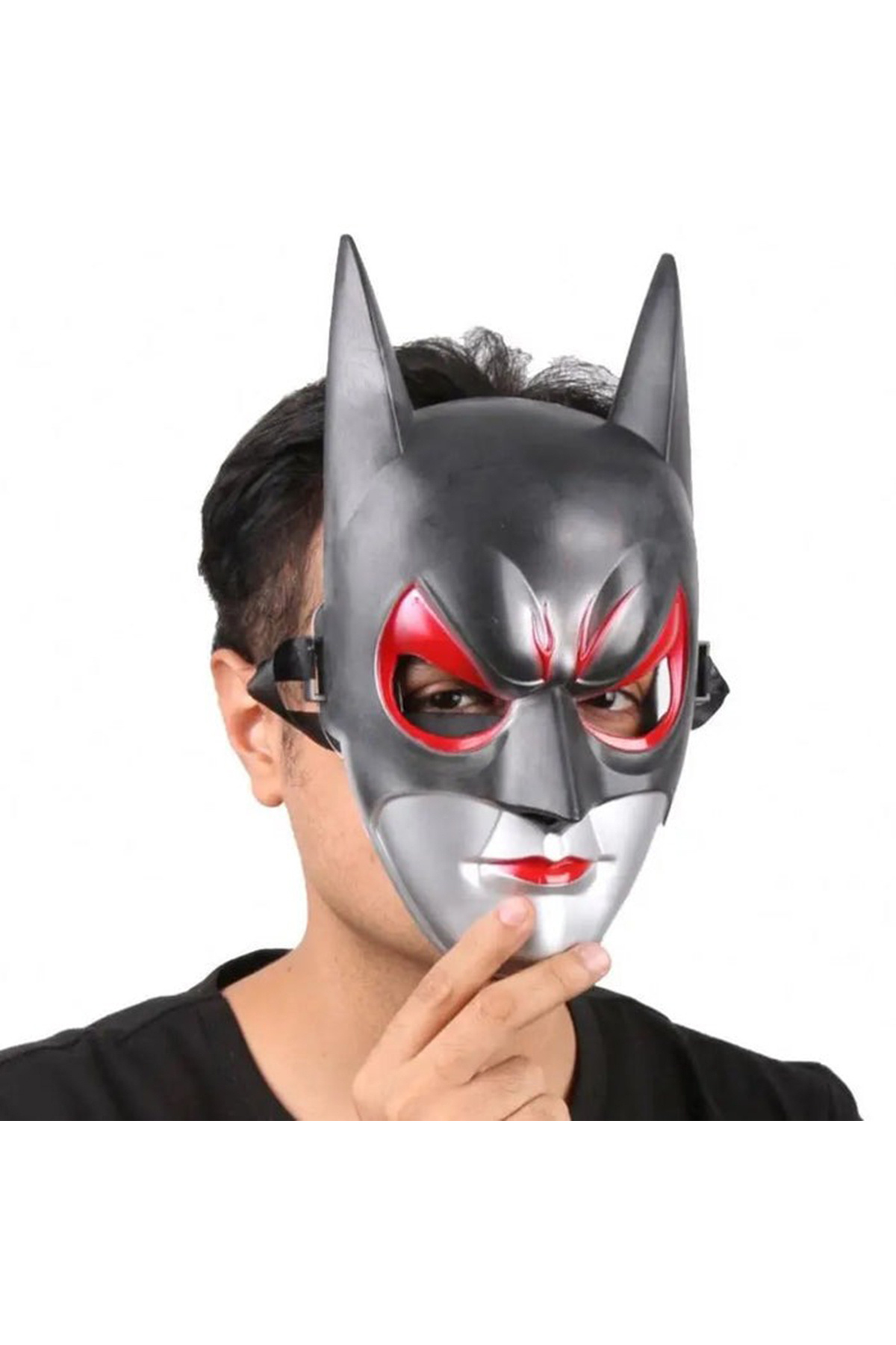 Mustran Kırmızı Gözlü Siyah Batman Maske - Lastikli Batgirl Maskesi 28x17 cm