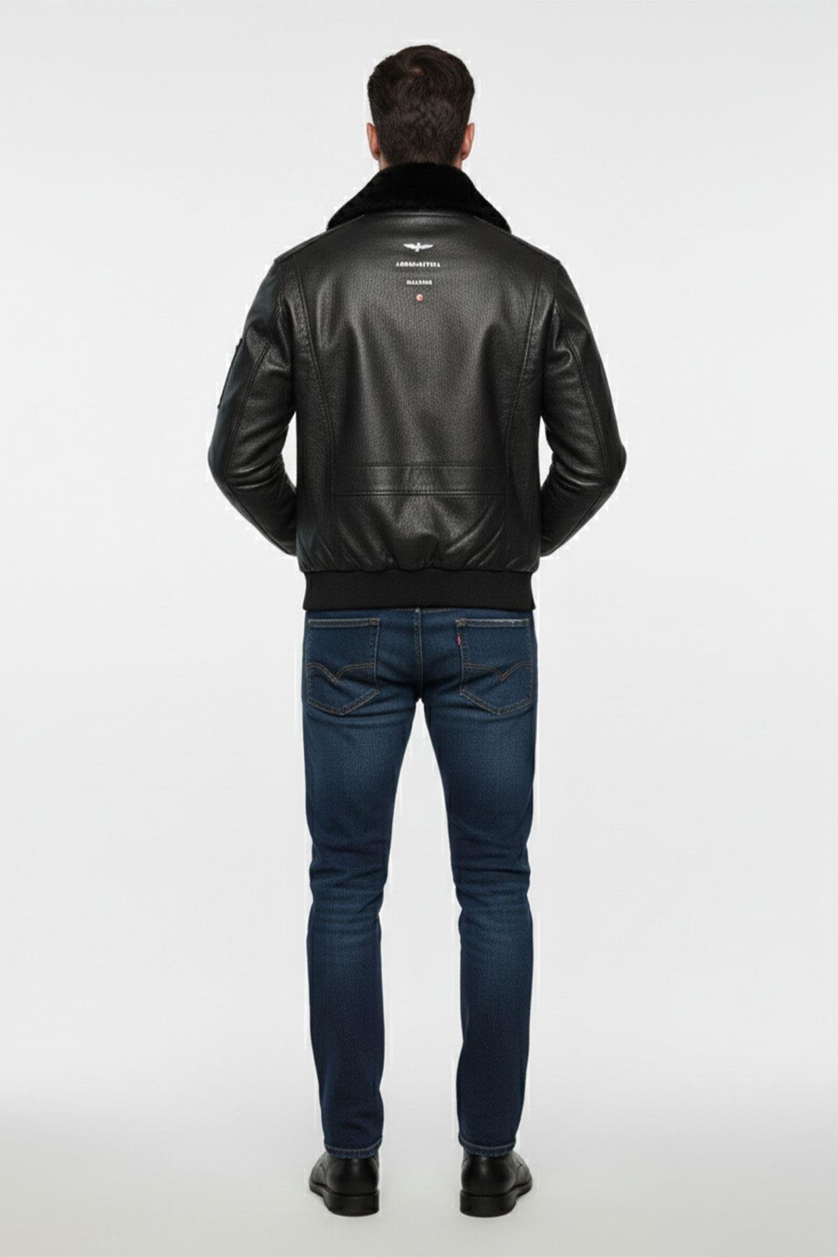 Deriderim  Siyah Top Gun Erkek Hakiki Deri Kürk Yakalı Pilot Mont - Görsel 4