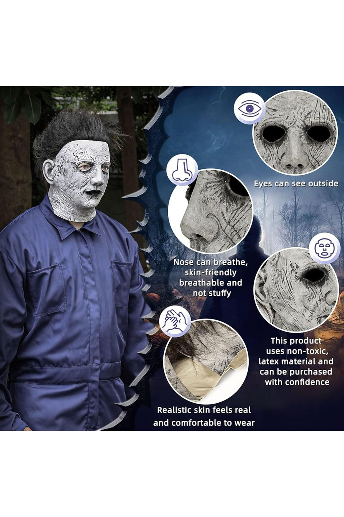 Mustran Siyah Saçlı Michael Myers Lateks Yüze Tam Yapışan Et Maske Korku Maskesi
