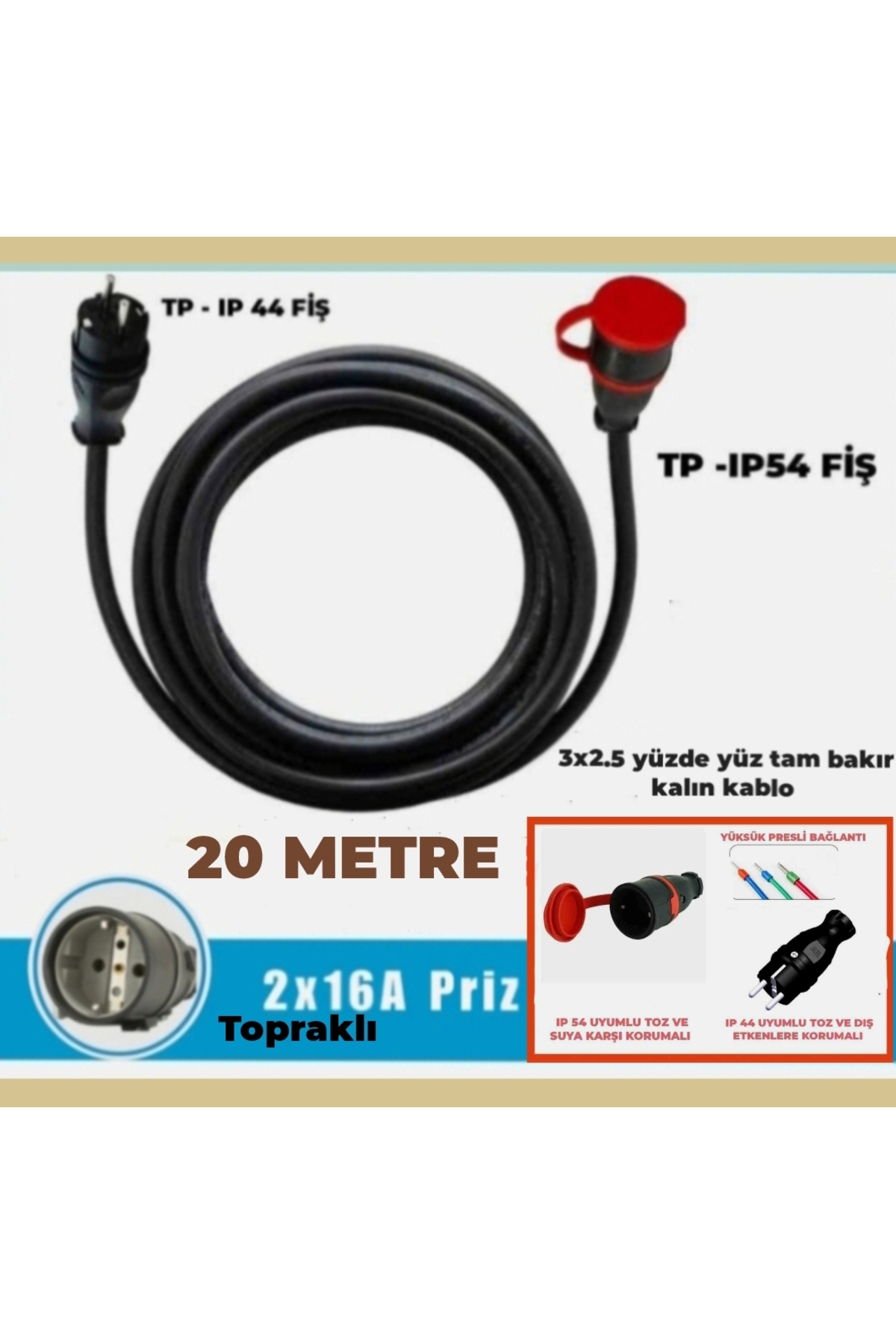 VEHICLE CHARGING COMPATIBLE 20-50 METERS (3X2.5 TTR FULL COPPER)IP 44-54 TP PLUG) EXTENSION MOBILE