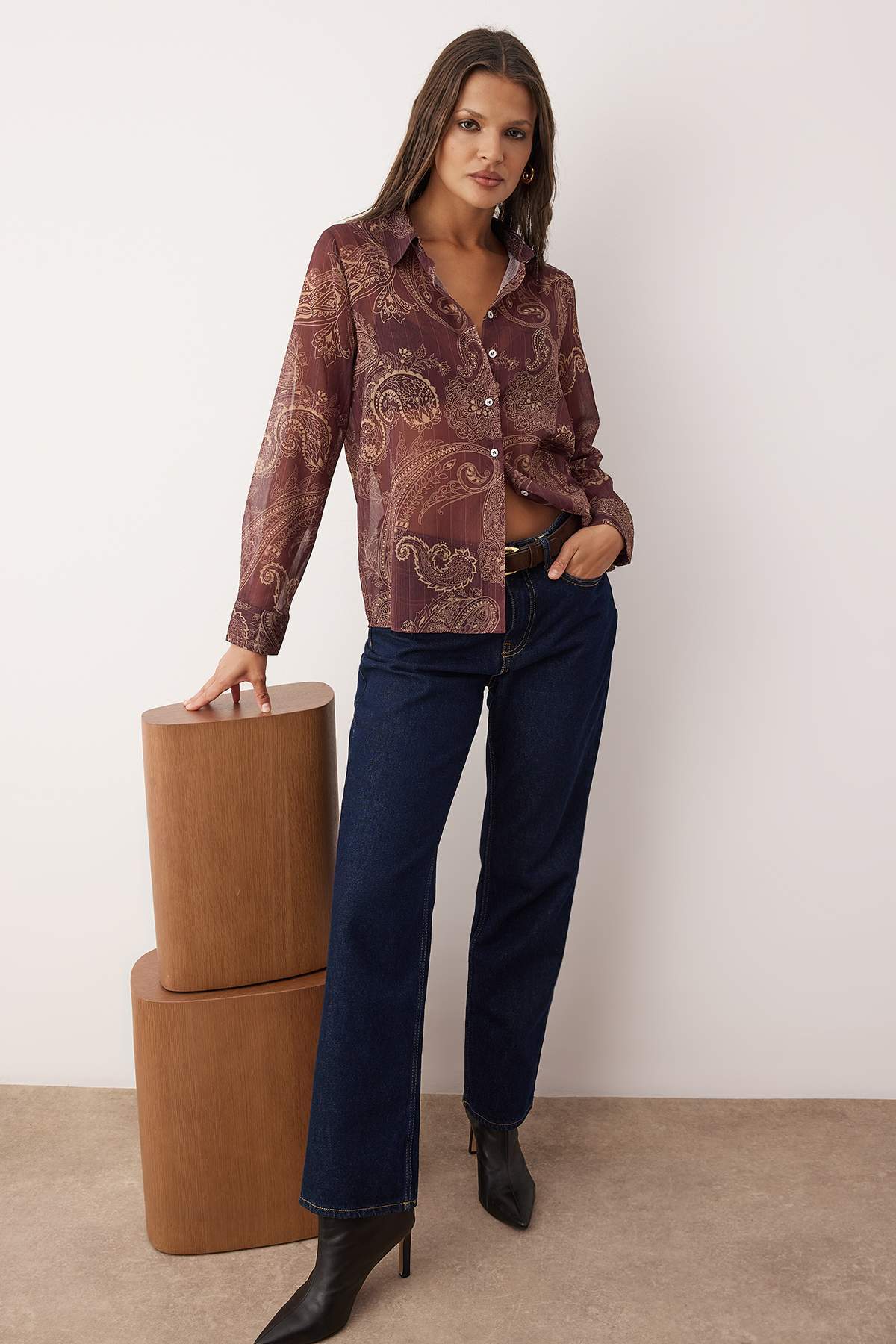 Trendyolmilla  Bordo Boho Şal Desenli Astarsız Yoryo Şifon Gömlek TWOAW26GO00063 - Görsel 3