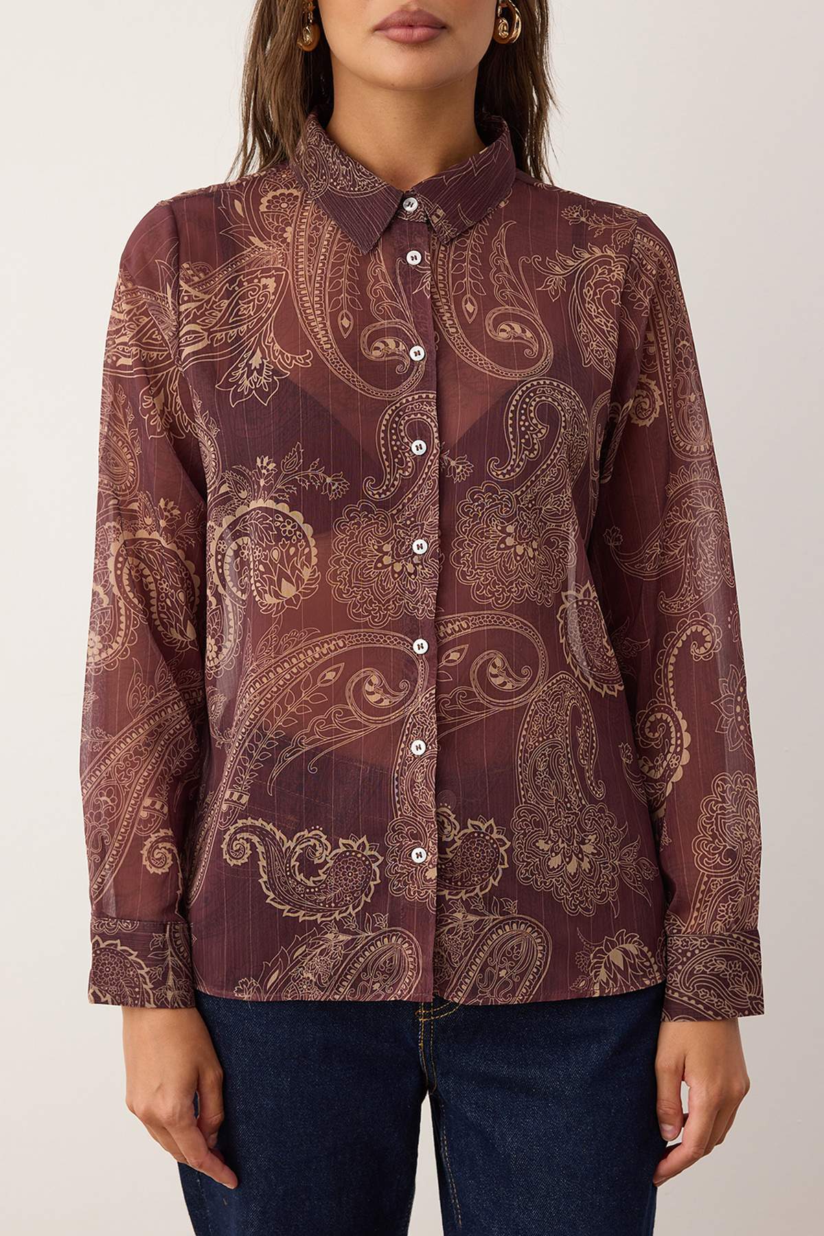 Trendyolmilla  Bordo Boho Şal Desenli Astarsız Yoryo Şifon Gömlek TWOAW26GO00063 - Görsel 5