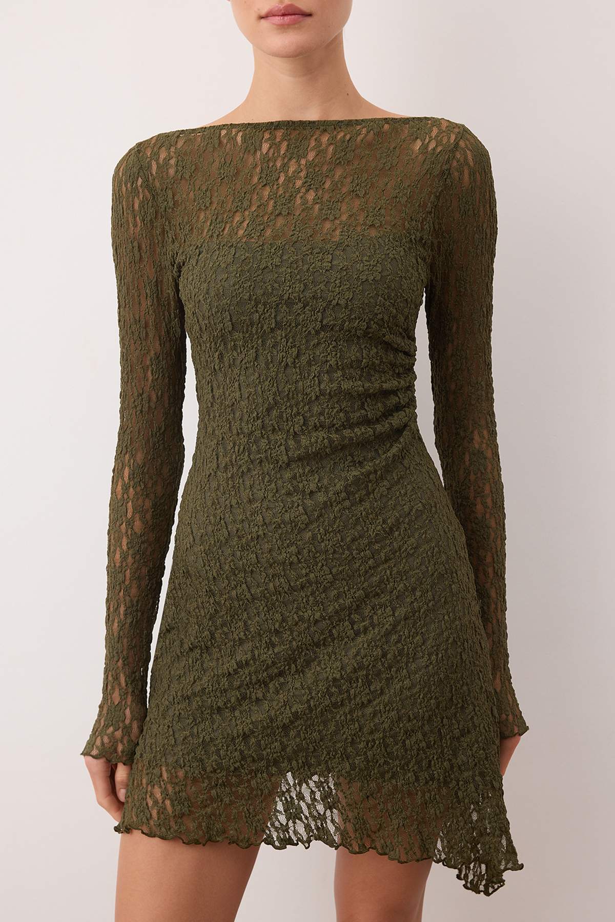 Trendyolmilla  Haki Sırt Dekolteli Asimetrik Detaylı Mini/Kısa Dantel Esnek Örme Elbise TWOSS25EL00903 - Görsel 3