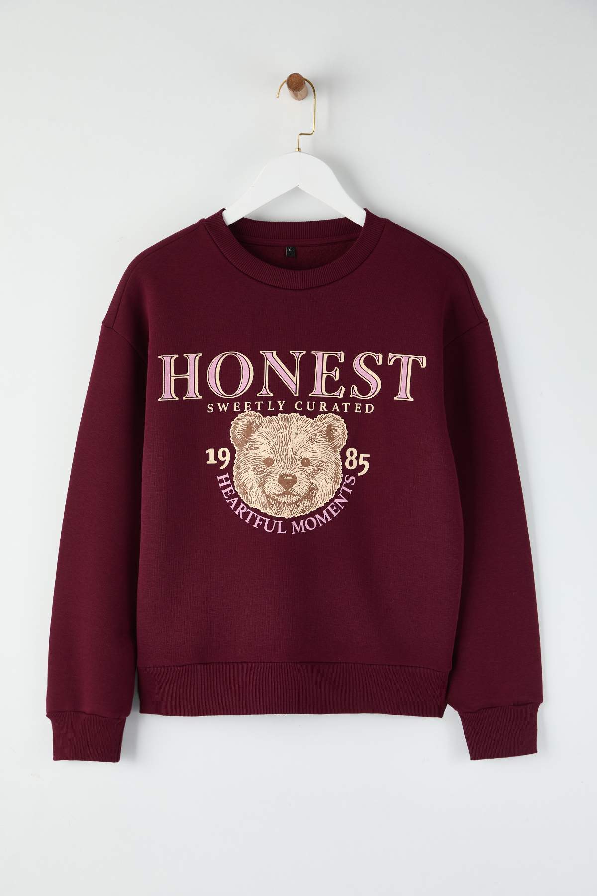 Trendyolmilla  Teen Bordo Kalın İçi Polarlı Ayıcık Baskılı Regular/Normal Kesim Örme Sweatshirt TWOAW26SW00199 - Görsel 5
