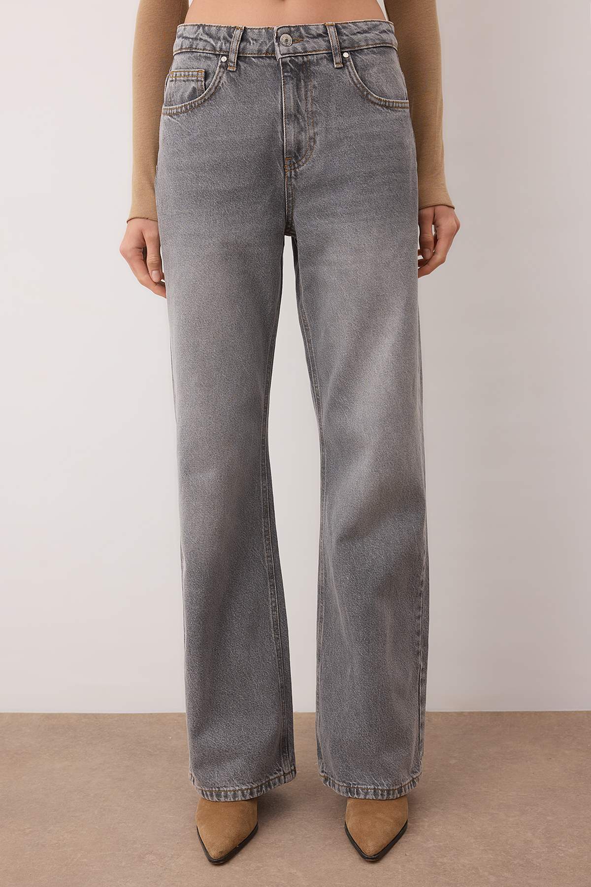 Trendyolmilla  Gri Yüksek Bel Wide Leg Jeans TWOAW26JE00007 - Görsel 3