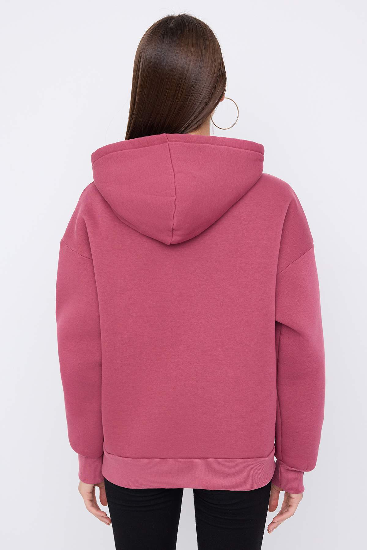 Trendyolmilla  Teen Gül Kurusu Kalın İçi Polarlı Kapüşonlu Cepli Asimetrik Örme Sweatshirt TWOAW26SW00113 - Görsel 4