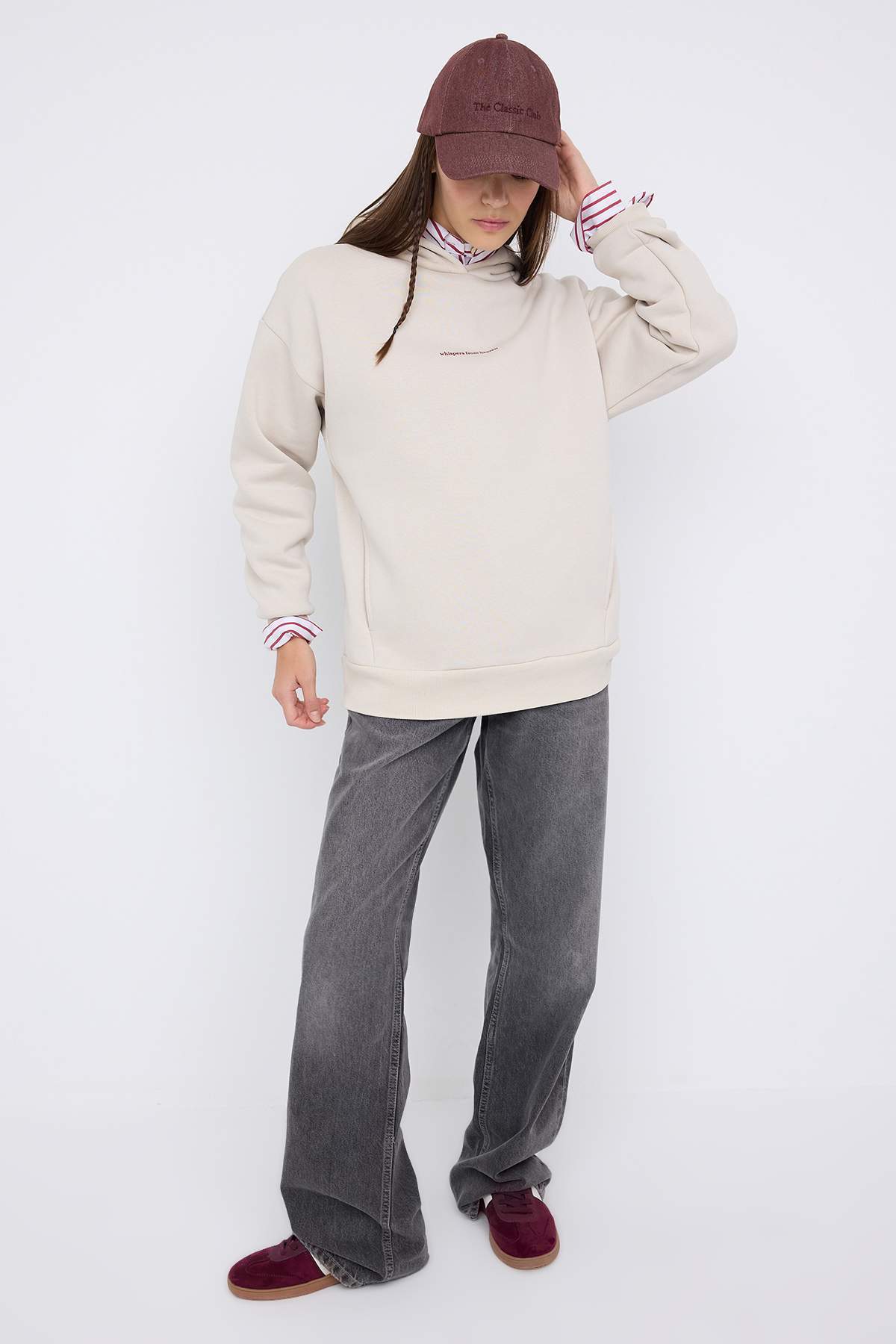 Trendyolmilla  Teen Taş Kapüşonlu Sırt Melek Baskılı Kalın İçi Polarlı Oversize Örme Sweatshirt TWOAW26SW00198 - Görsel 2