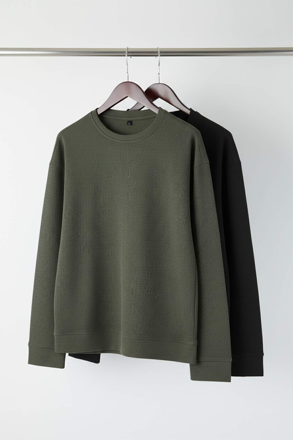 Trendyolmilla  Siyah - Haki Yeni Oversize/Geniş Kalıp 2'li Paket Dokulu Waffle Sweatshirt TMNAW26SW00028 - Görsel 8