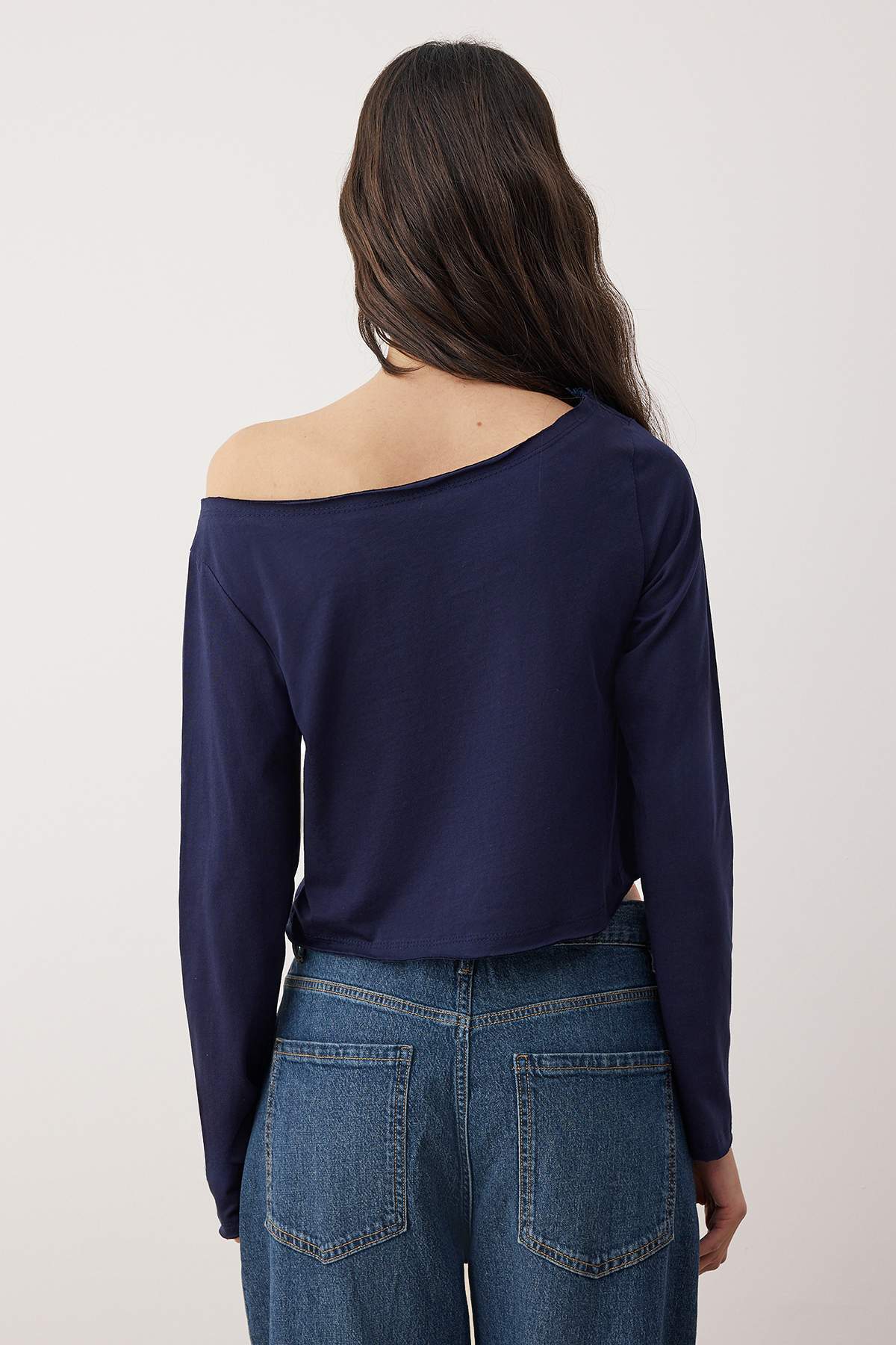 Trendyolmilla  Teen Lacivert-Gri Melanj %100 Pamuk Açık Omuzlu Yaka Rahat Kesim Örme T-Shirt TWOAW26TS00016 - Görsel 16