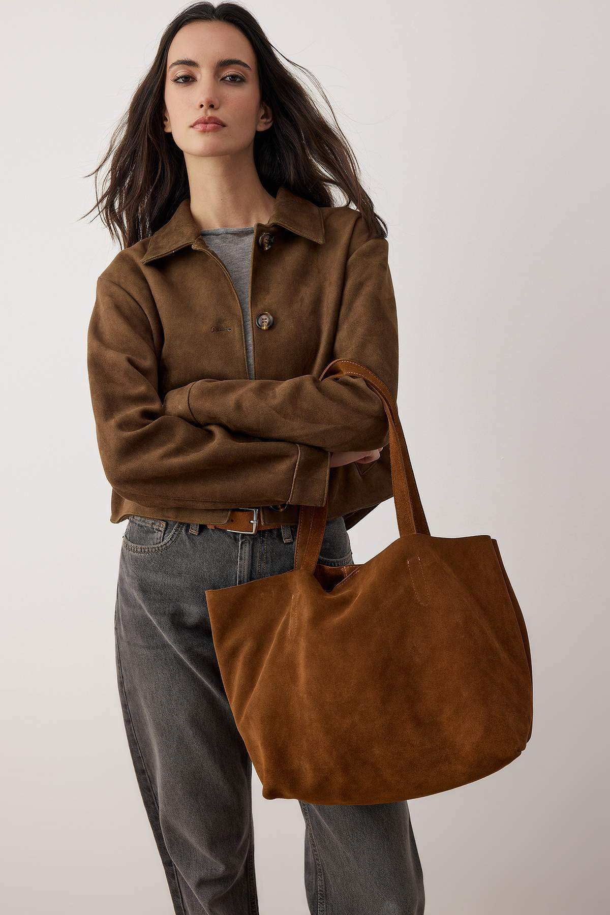 Trendyol Shoes Taba Premium Genuine Leather Suede Maxi Tote