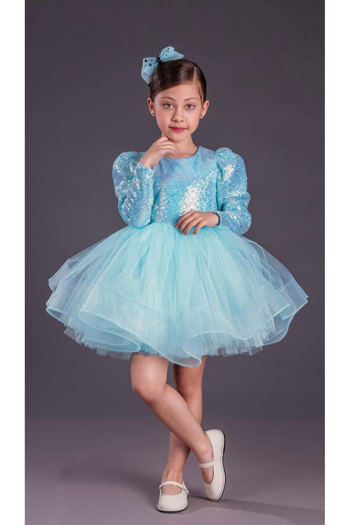 BabyAden Sequinned Tutu Fluffy Birthday Party Costume Long Sleeve Evening Dress Girls Dress