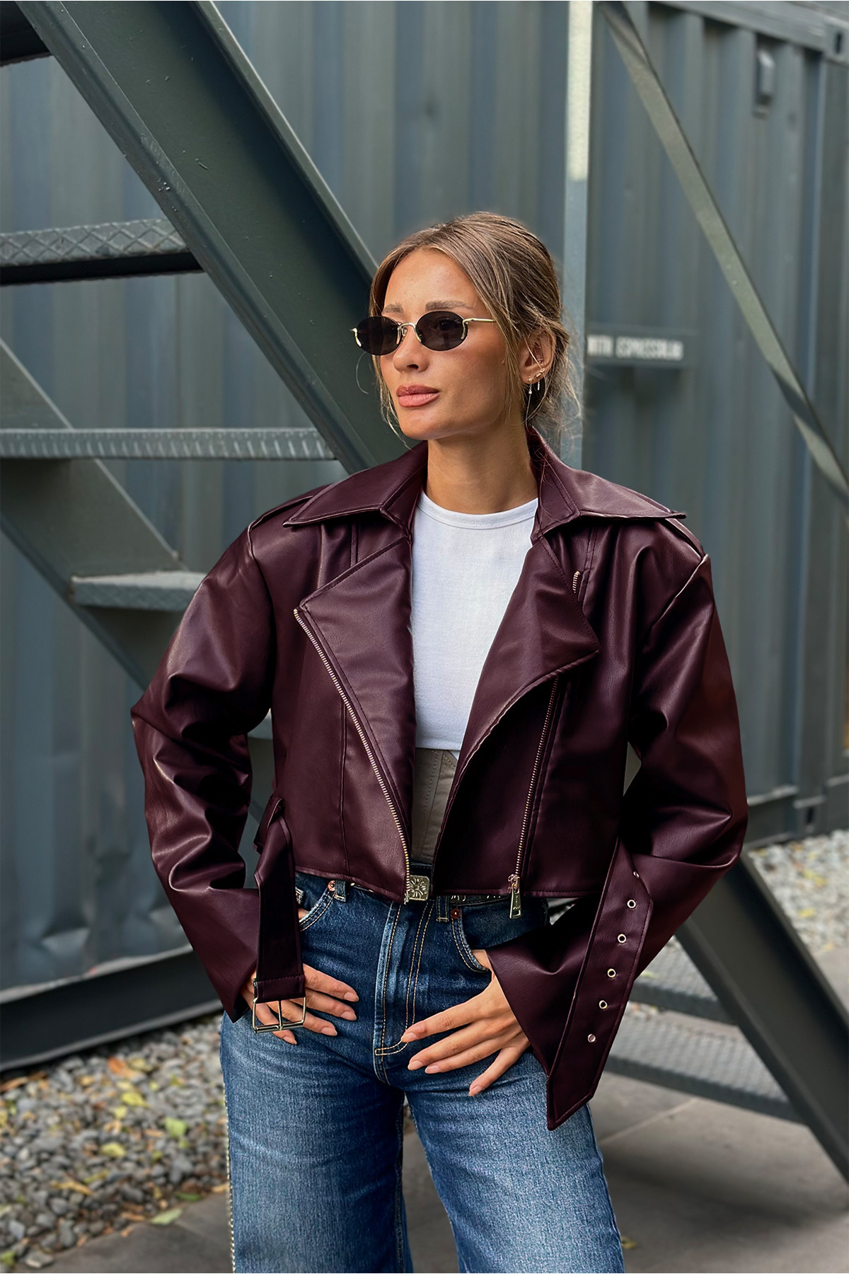 NET OF NOT  ZR Model Vatkalı Bordo Oversize Biker Deri Ceket - Görsel 2
