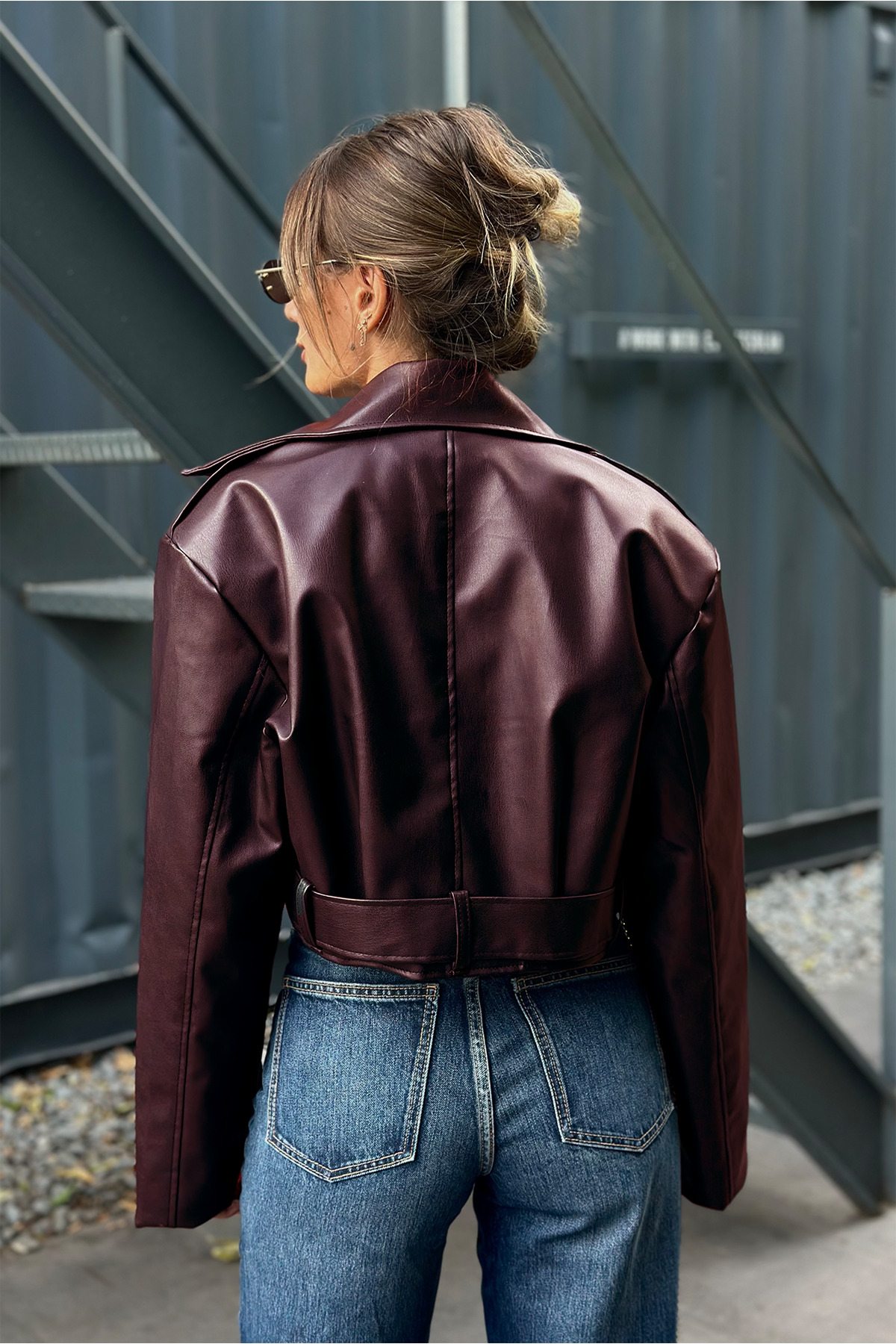 NET OF NOT  ZR Model Vatkalı Bordo Oversize Biker Deri Ceket - Görsel 4