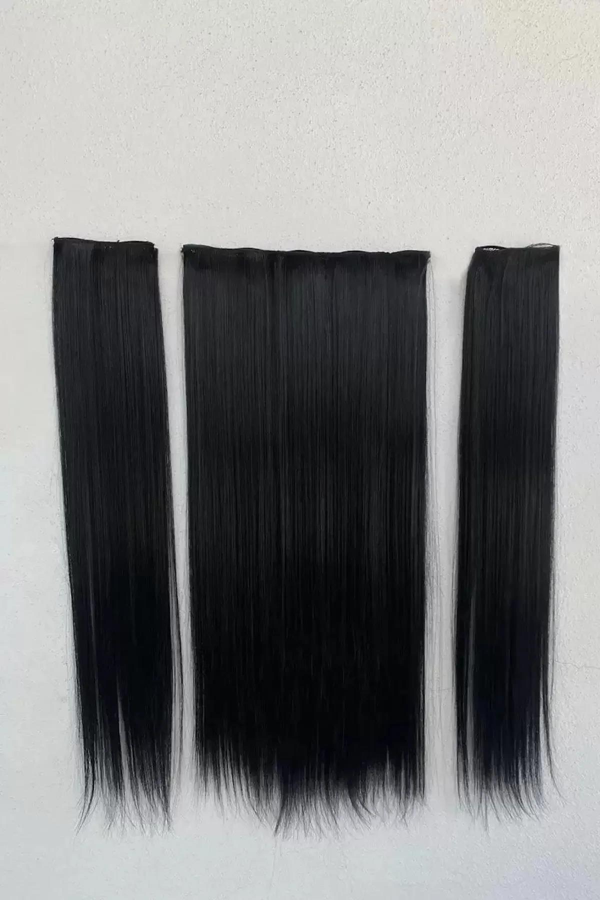 Zeysum 3 lü Set - Doğal Siyah Yarımay Düz Saç ve Yanlar Çıtçıtlı Postiş 60 Cm 150 gr Isıya Dayanıklı görsel 2
