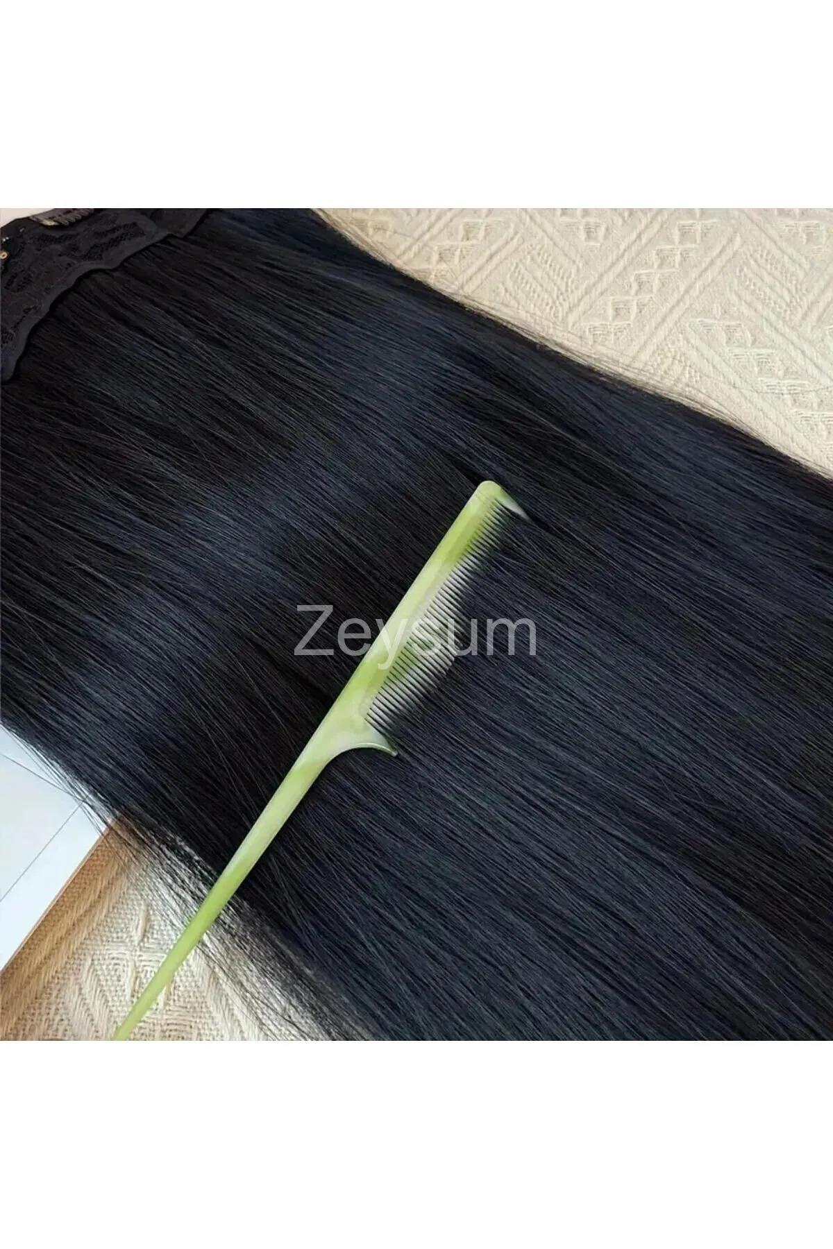 Zeysum 3 lü Set - Doğal Siyah Yarımay Düz Saç ve Yanlar Çıtçıtlı Postiş 60 Cm 150 gr Isıya Dayanıklı görsel 4