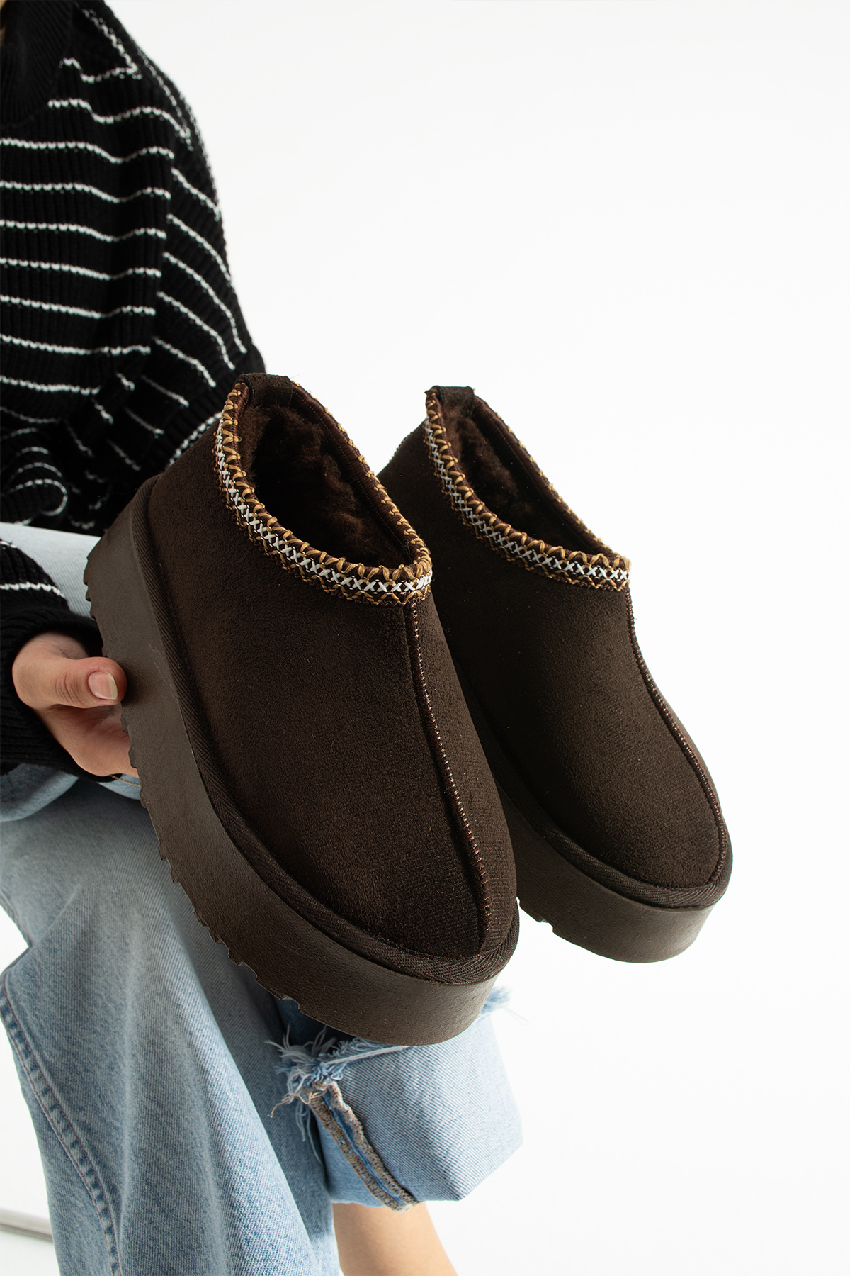 Moda Devrin Кафяви ботуши с дебела подметка, подплатени с кадифена кожа