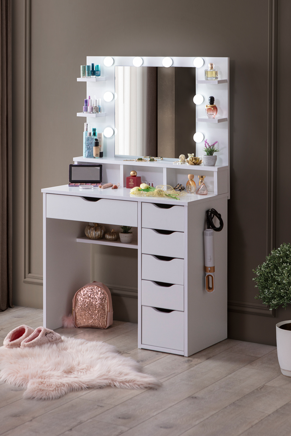 Diva Hollywood Backstage Vanity Table with 6 Drawers with Mirror Shelf and Led Light White