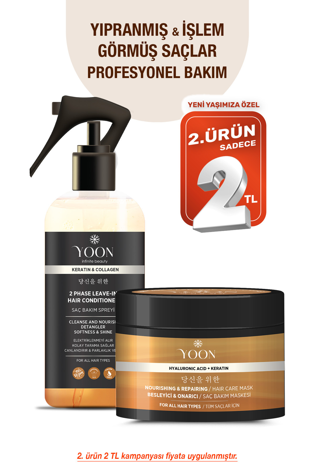YOON Vegan Saç Bakım Spreyi & Maskesi 250ml, Hyaluronik Asit, Keratin, Kolajen ve B7 Biotinli 2'li Set