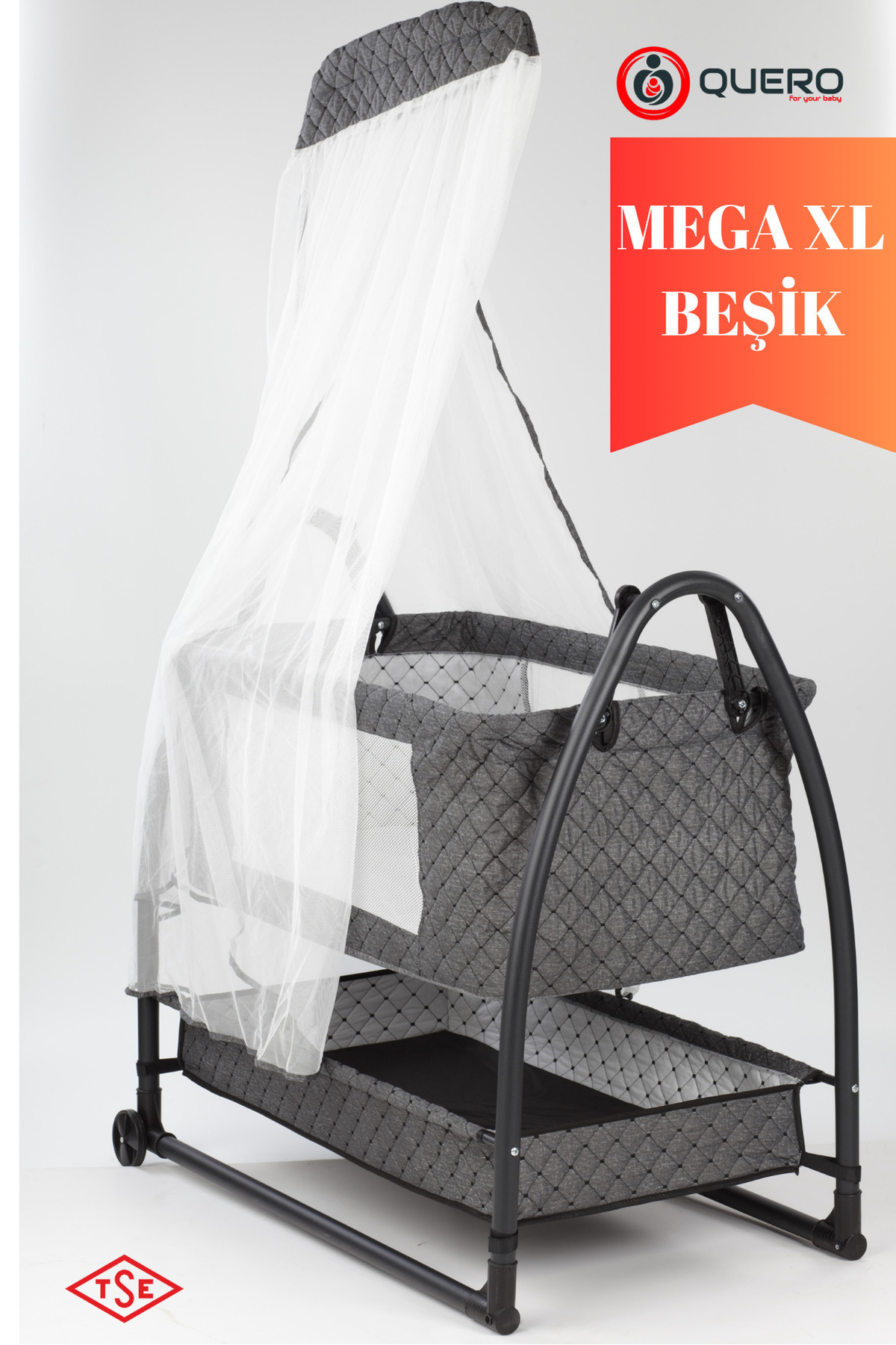 Quero Anne Yanı Cibinlikli, Tenteli, Sallanır, Tekerlekli, Sepetli, Keten Kapitone, Portatif Sepet Beşik fotoğrafı 3 (önizleme)