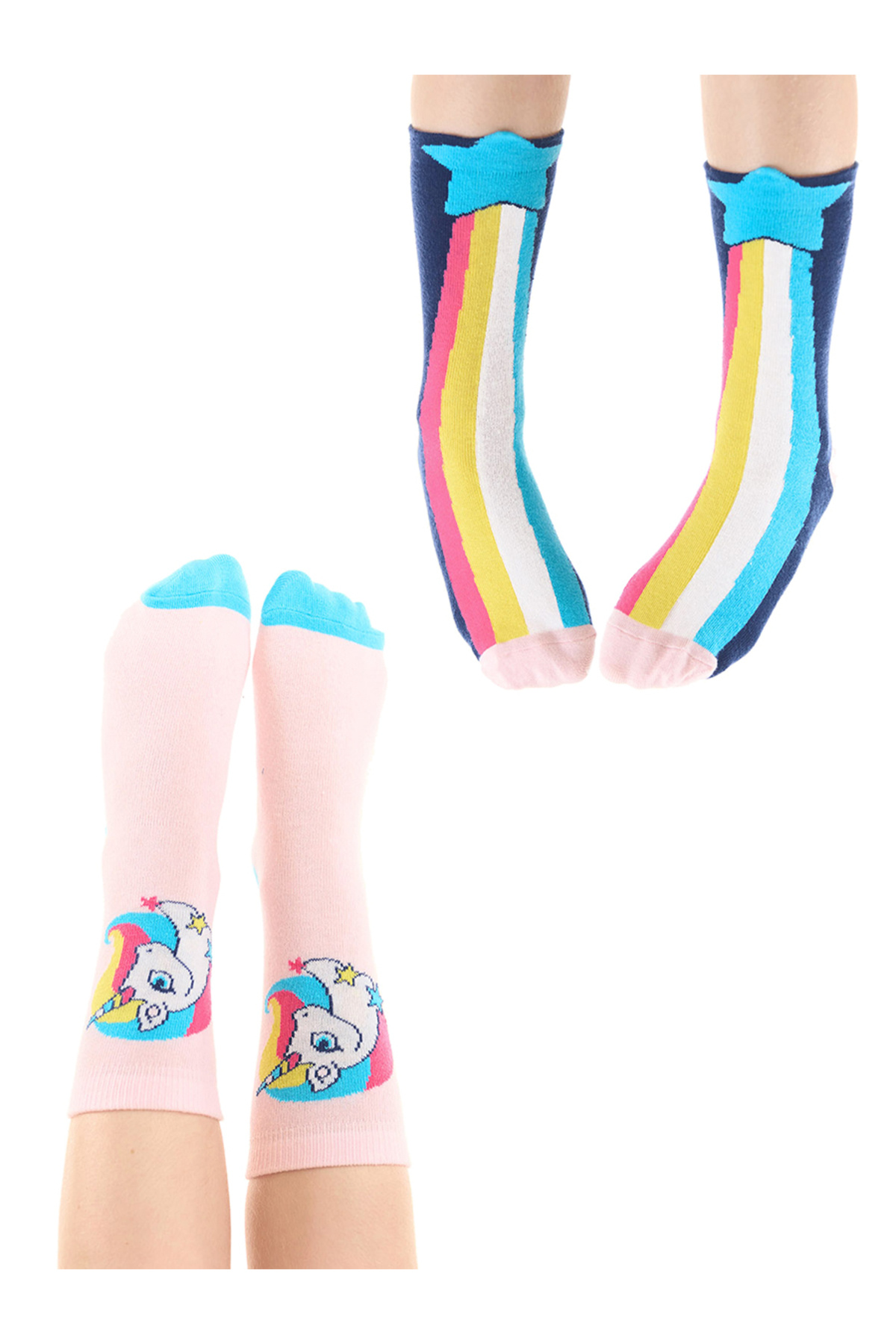 Denokids Rainbow Star Unicorn Kız Çocuk 2li Soket Çorap Takım